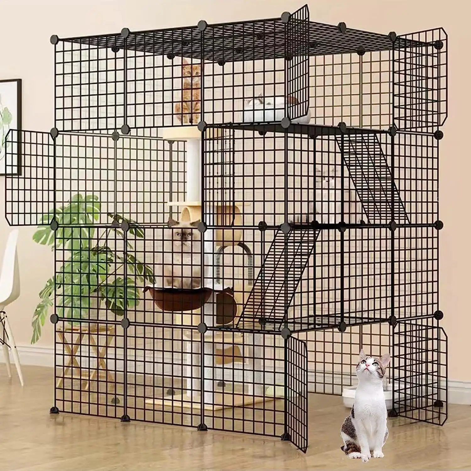 DIY Cat Cage Detachable Metal Wire Enclosure with Two Ladders. Kennels Playpen. Crate Large Exercise Place for 1-4 Cat