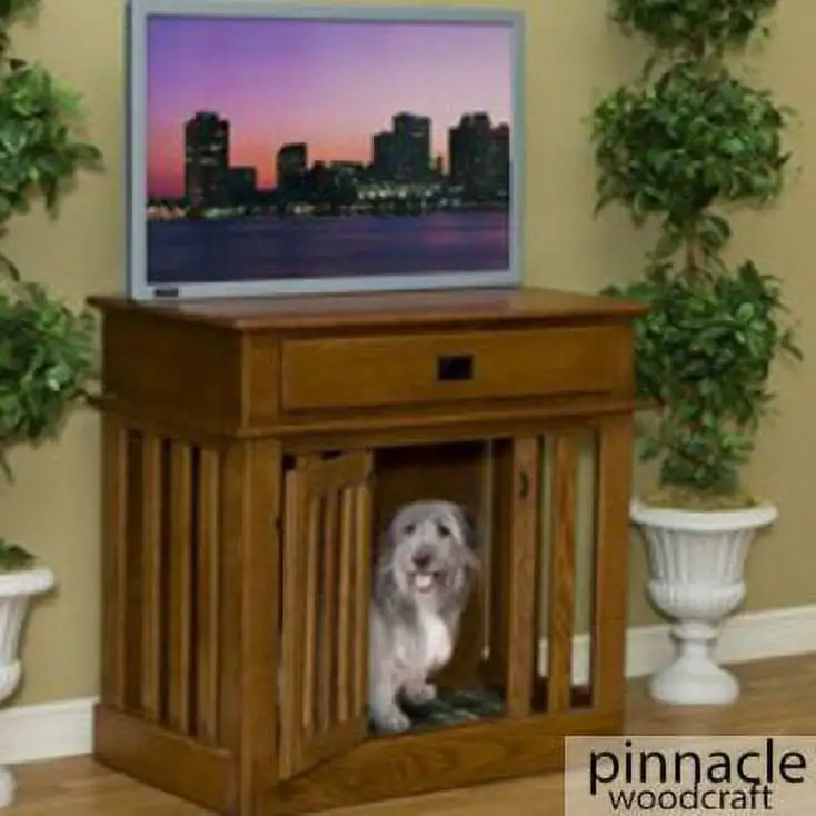 DOG CRATE ENTERTAINMENT CENTER Oak Wood Acres Oak Size Jumbo with Drawer . Plastic Pan. Pet Mattress