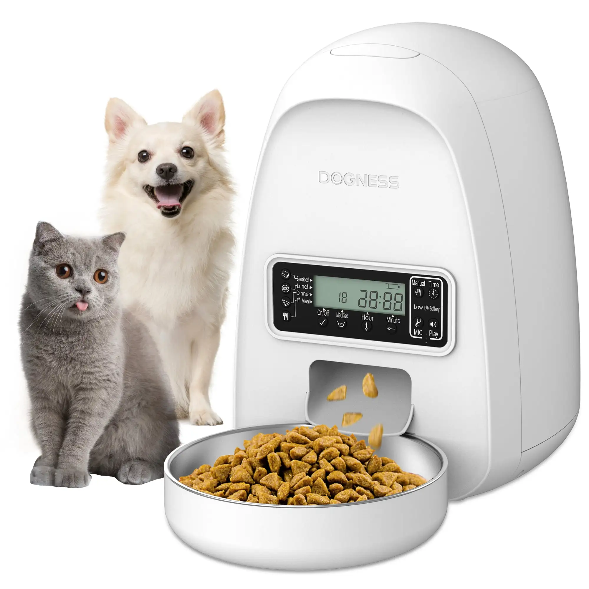 DOGNESS 2L Pet Feeder.Automatic Cat Feeder | Timed Programmable Auto Pet Dog Food Dispenser Feeder for Kitten Puppy - Easy Portion Control.Voice Recording.Battery and Plug-in Power (White)