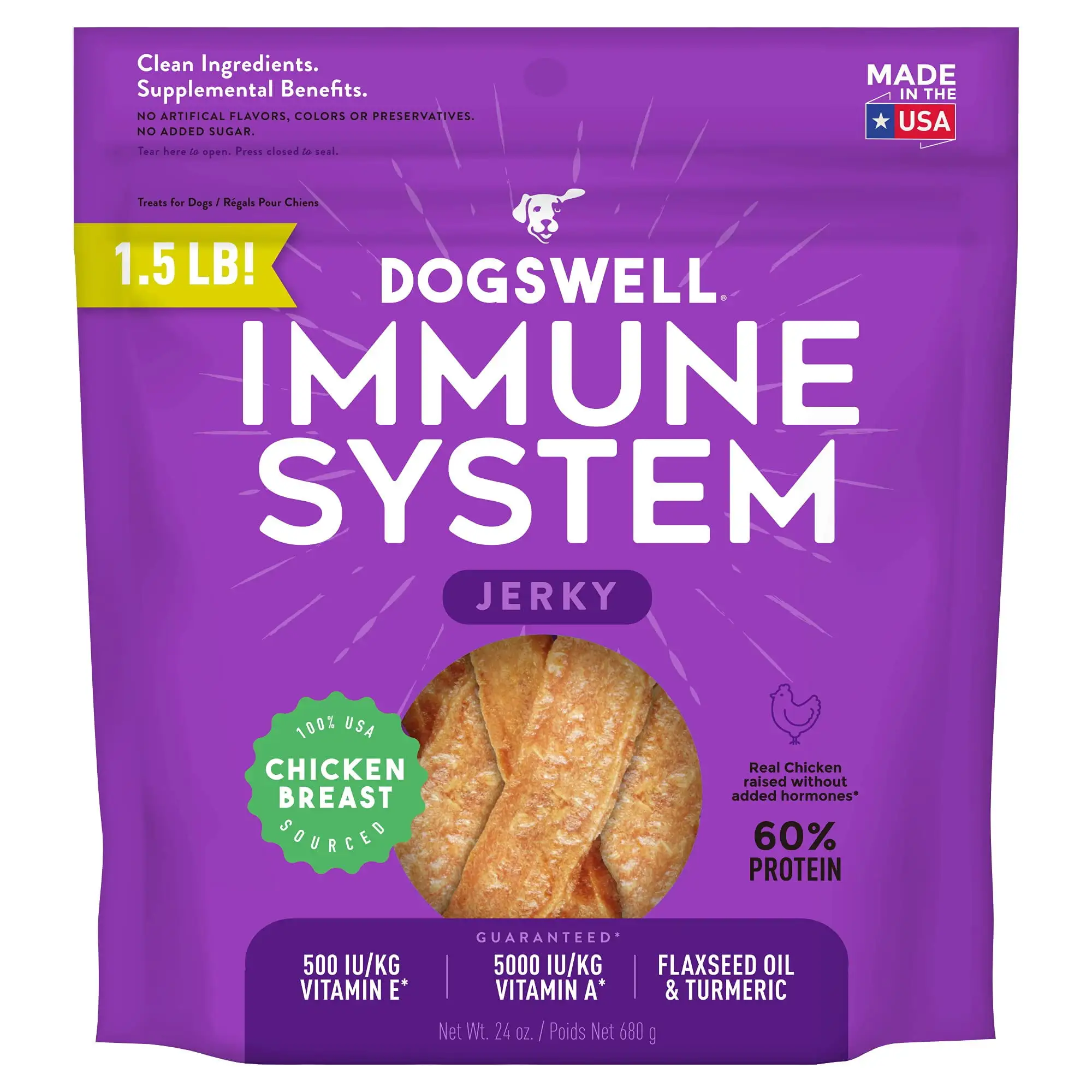 DOGSWELL Immunity & Defense. Flaxseed Oil. Turmeric. Vitamin E & A. Healthy Aging. Chicken Jerky 24 oz (842197) 1.5 Pound (Pack of 1)