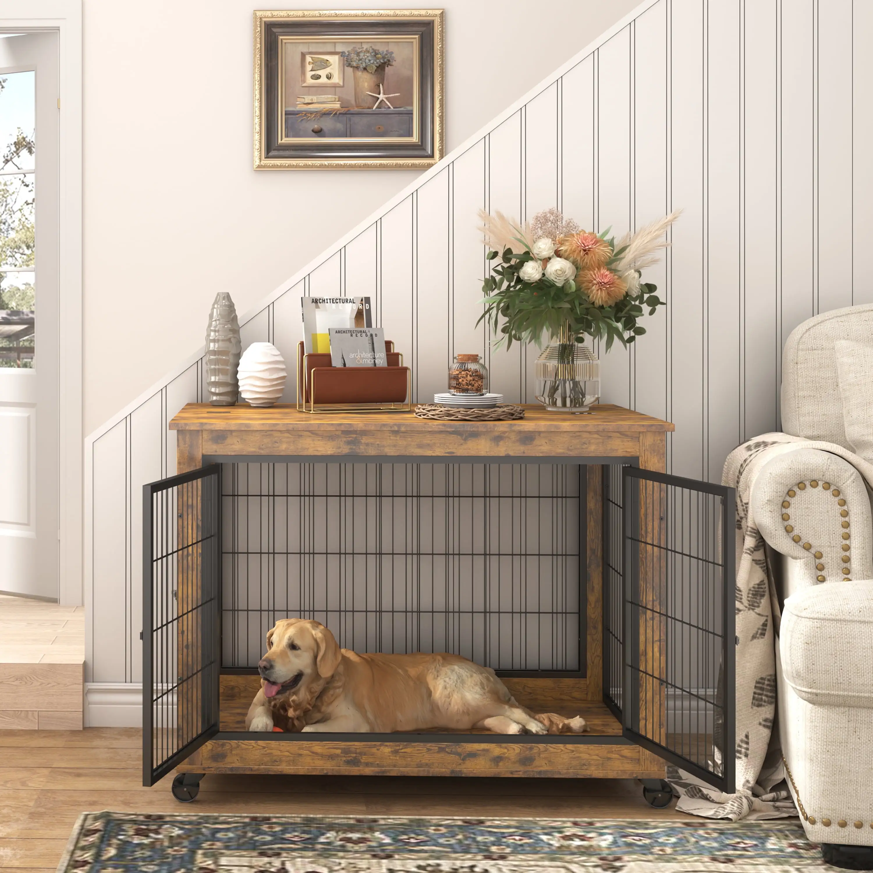 DSstyles Furniture Dog Cage Crate with Double Doors. Rustic Brown. 38.58'' W x 25.2'' D x 27.17'' H