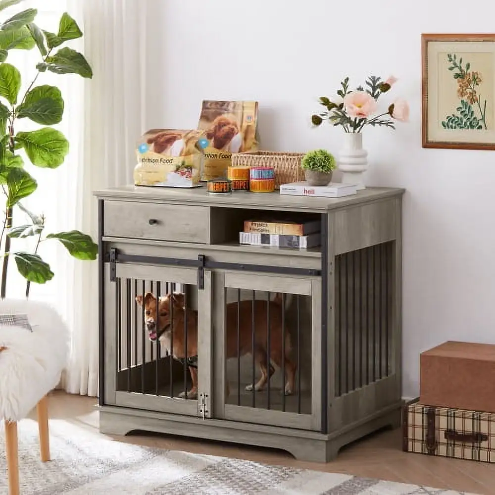 DSstyles Sliding Door Dog Crate with Drawers. Rustic Brown/Grey. 35.43'' W x 23.62'' D x 33.46'' H