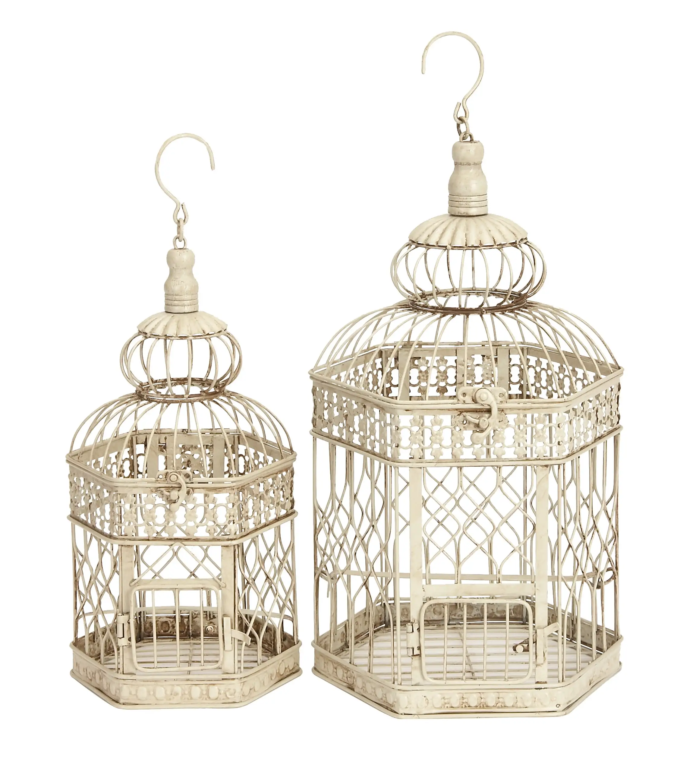 DecMode Cream Vintage Metal Birdcage with Crisscross Vertical Bars and Floral Embossed Design. Set of 2 21. 18H