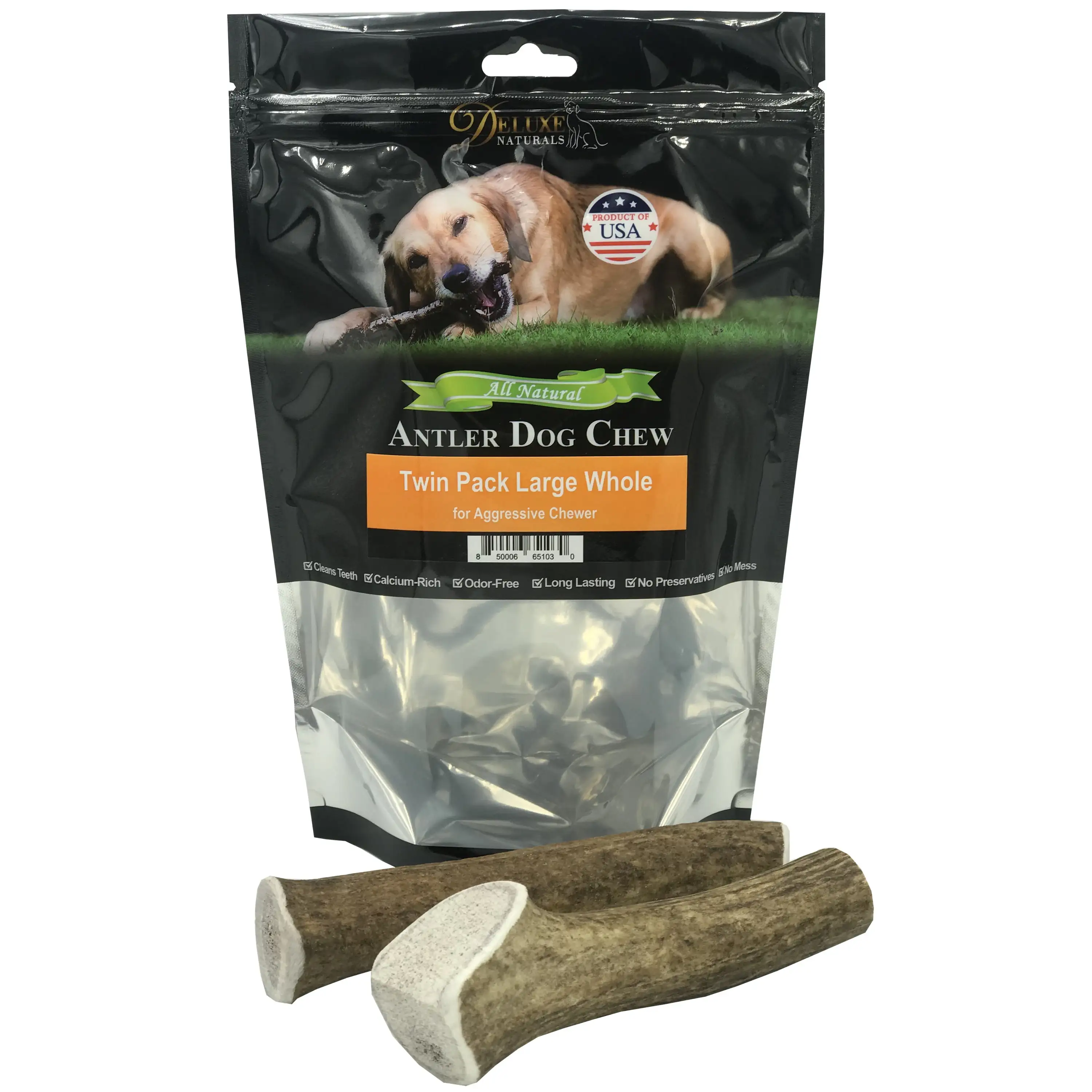 Deluxe Naturals Elk Antler Dog Chew Twin Pack. Large Whole Antlers