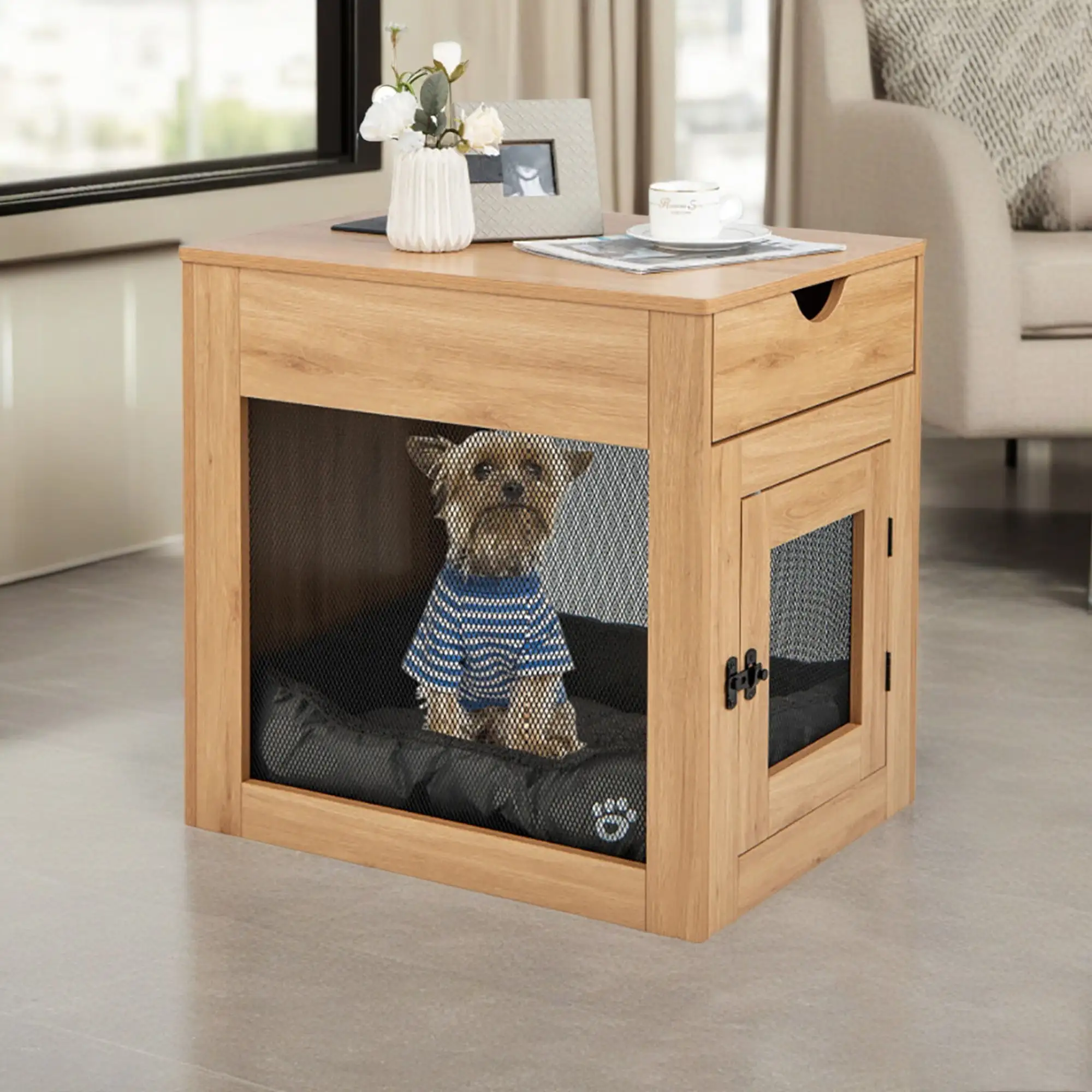 Demi Bonn 25 Dog Crate Furniture with Drawer and Removable Dog Bed. Wood Pet Cages for Dogs. Indoor Medium Dog Kennel. Dog House. Beige