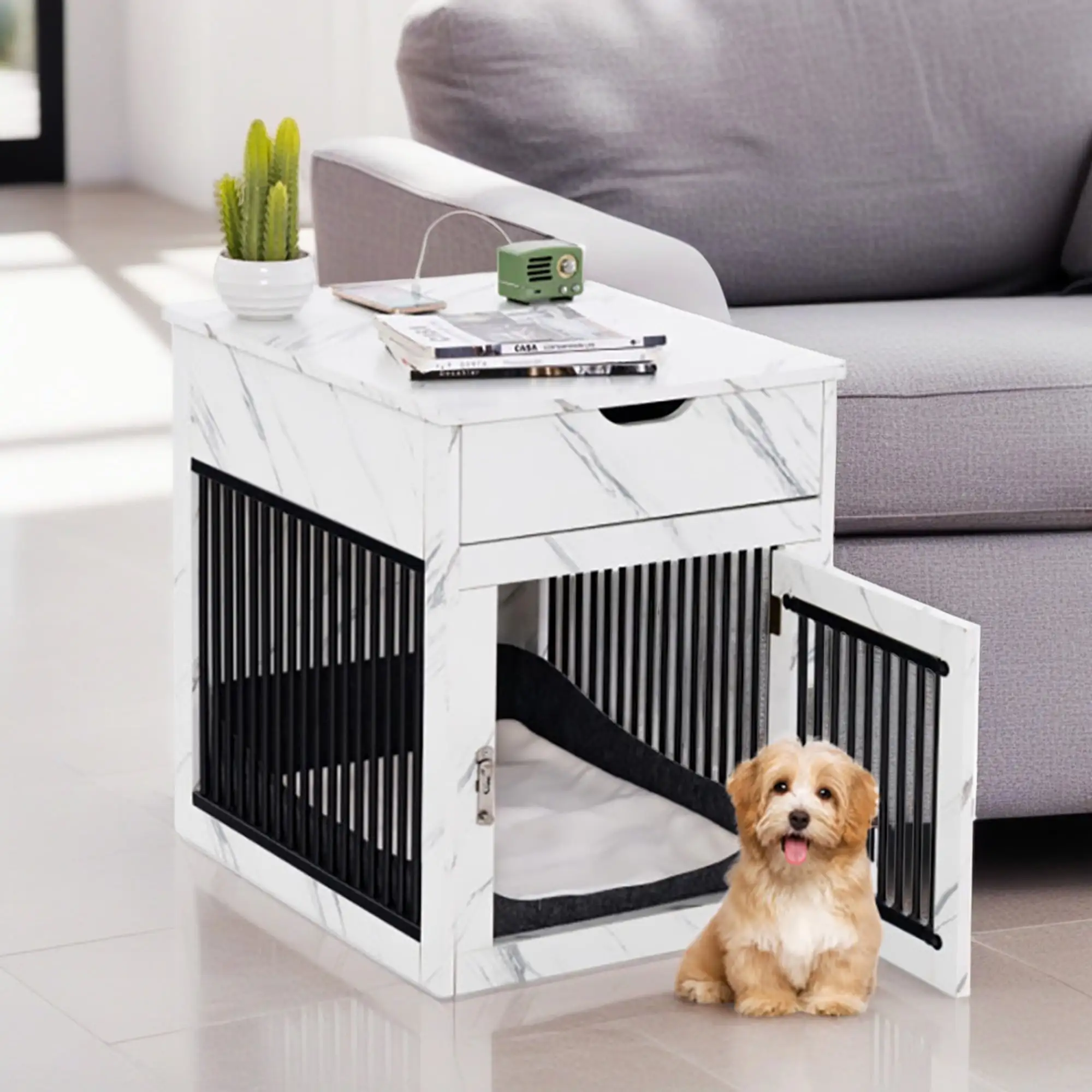 Demi Bonn 27 2-In-1 Dog House with Drawer and Wired Wireless Charging. Indoor Dog Crates. Wooden Pet Dog Cages. White