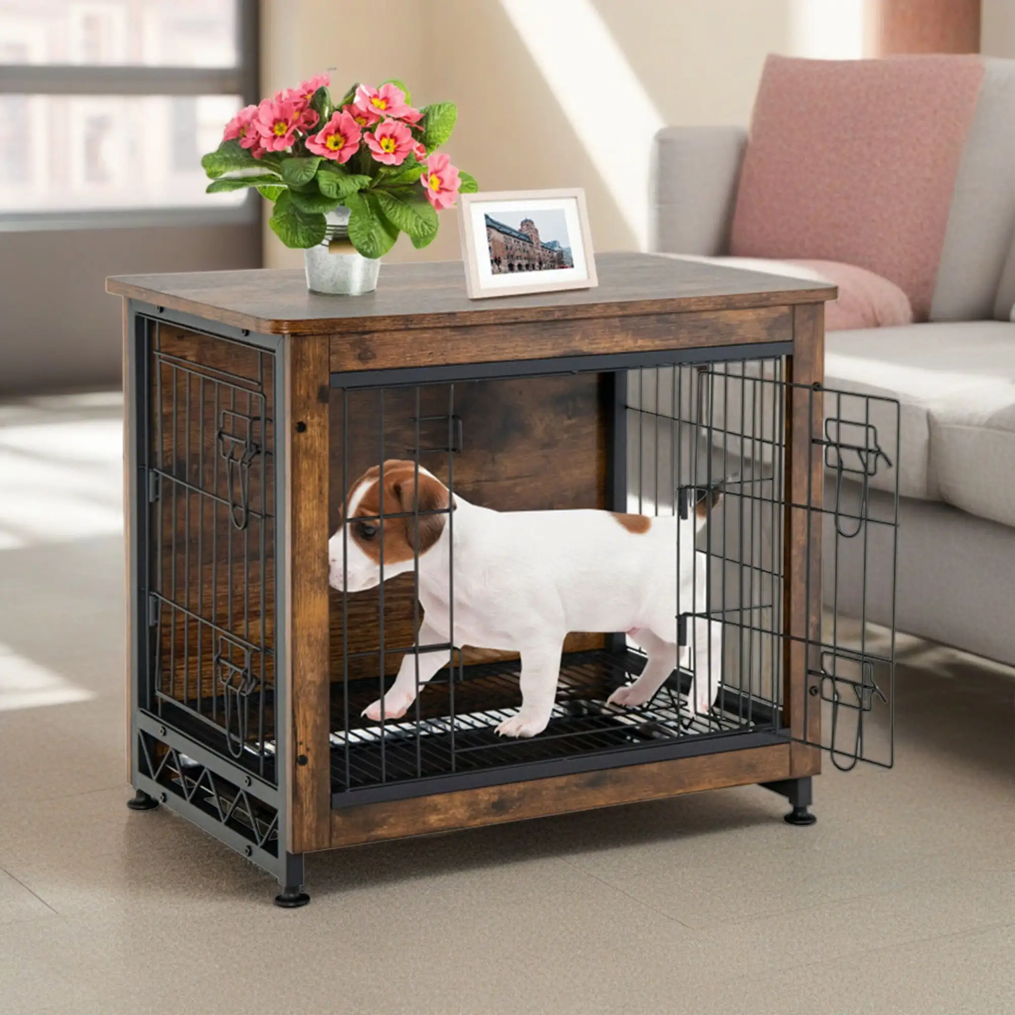 Demi Bonn 27 Dog Crates for Dogs with Tray and Double Door. Wood Indoor Dog Cages Furniture. Brown