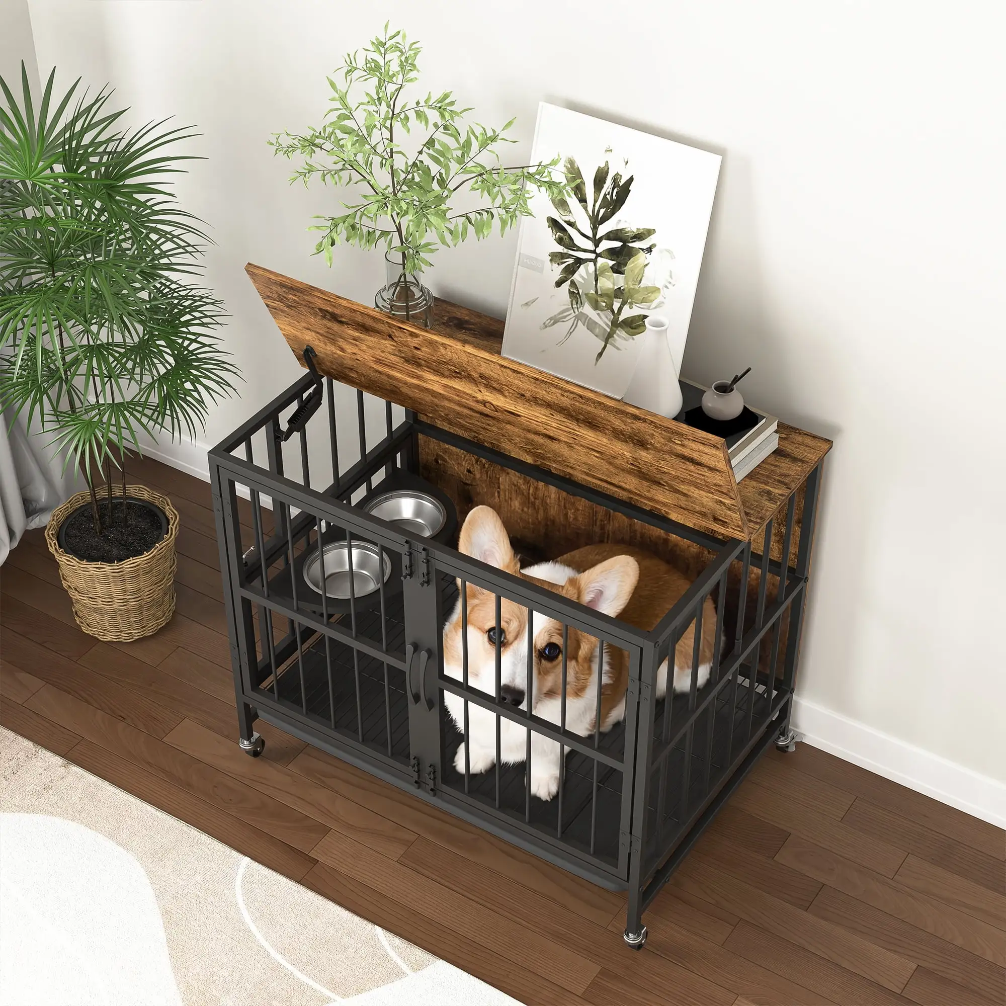 Demi Bonn 31 Dog Crate with Feeding Bowl. Wheels. Flip-Up Top Opening Kennel with Trays. Furniture Style Dog Cage for Indoor Dogs. Brown