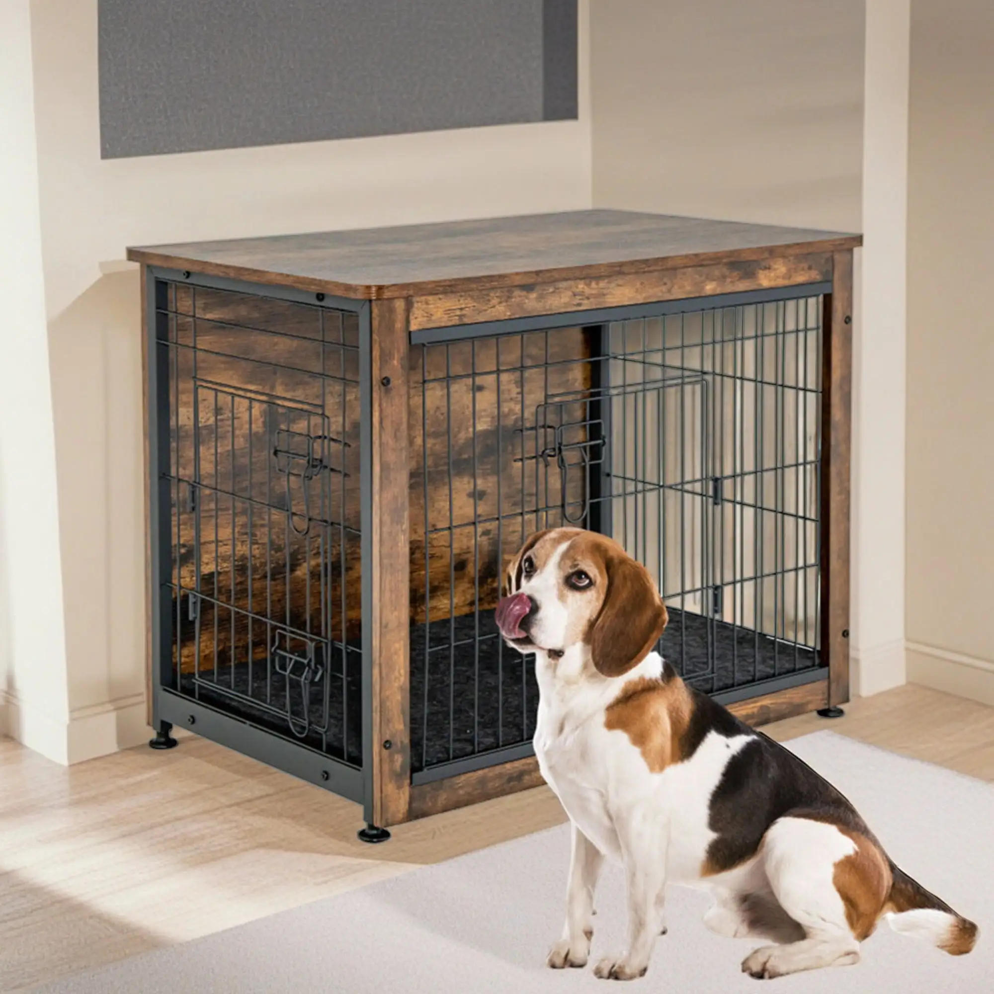 Demi Bonn 32 Dog Crate for Small Dogs with Tray and Double Door. Wood Dog Cages Furniture. Indoor Kennel. Brown