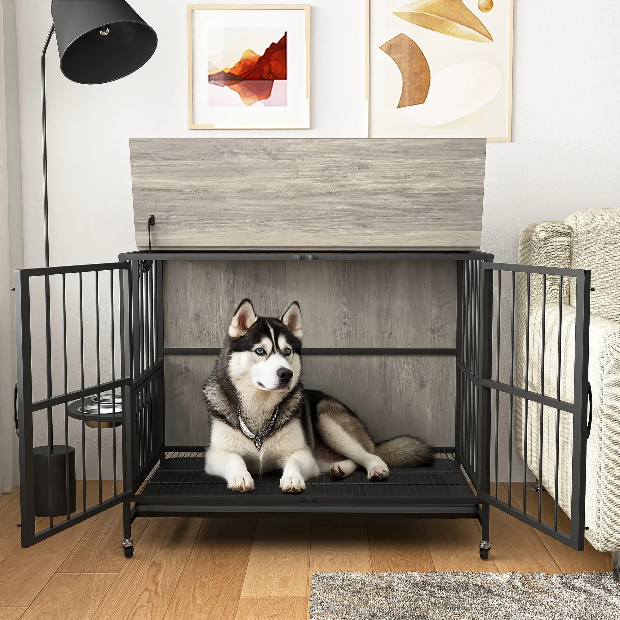 Demi Bonn 37 Furniture Style Dog Crate with Feeding Bowl. Wheels. Kennel with Removable Trays. Indoor Dog Cage Flip-Up Top Opening. Gray