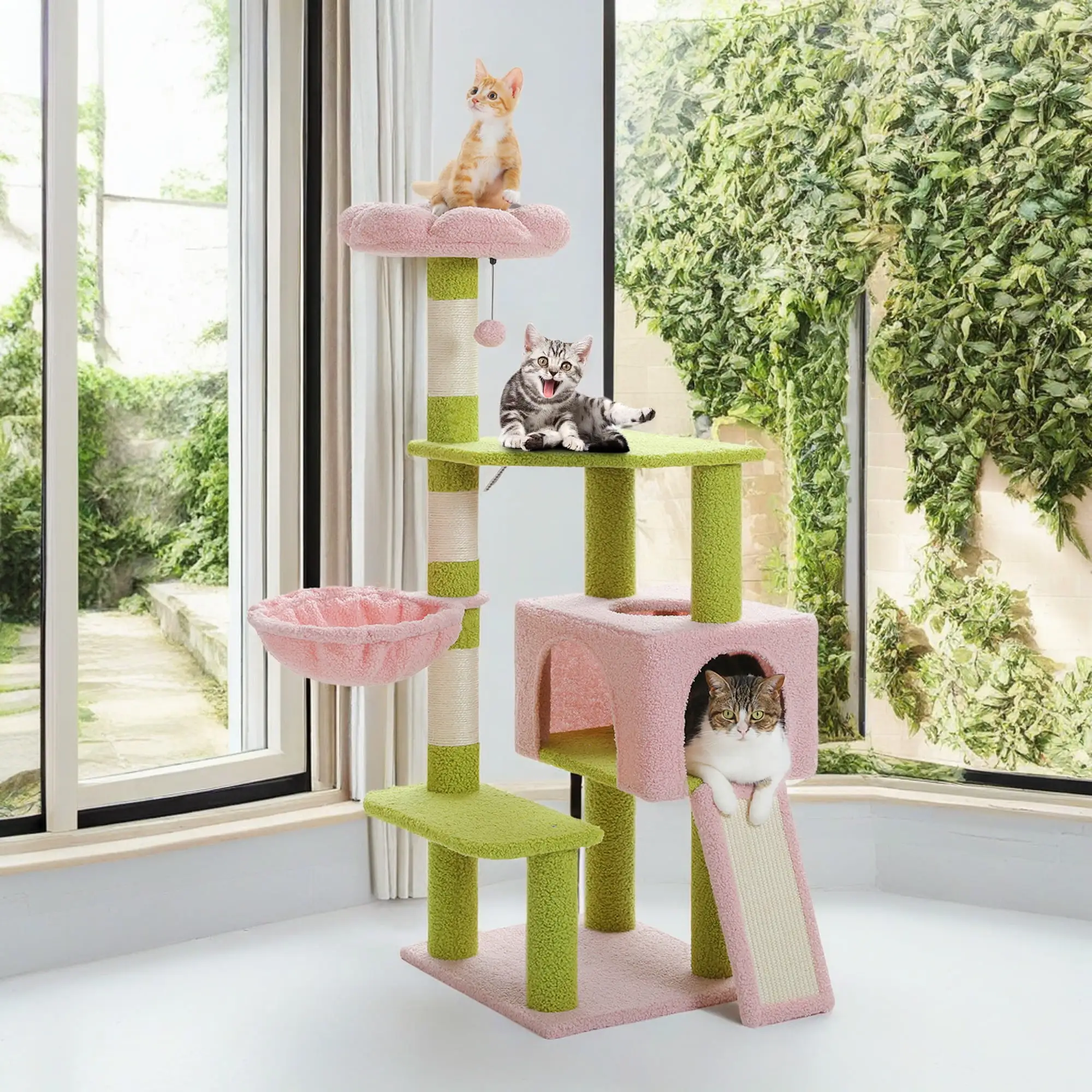 Demi Bonn 47 Flower Cat Tree Tower for Indoor Cats. Cat Condo with Pink Top Perch for Kittens. Cat Tree House with Sisal Scratching Posts. Pink