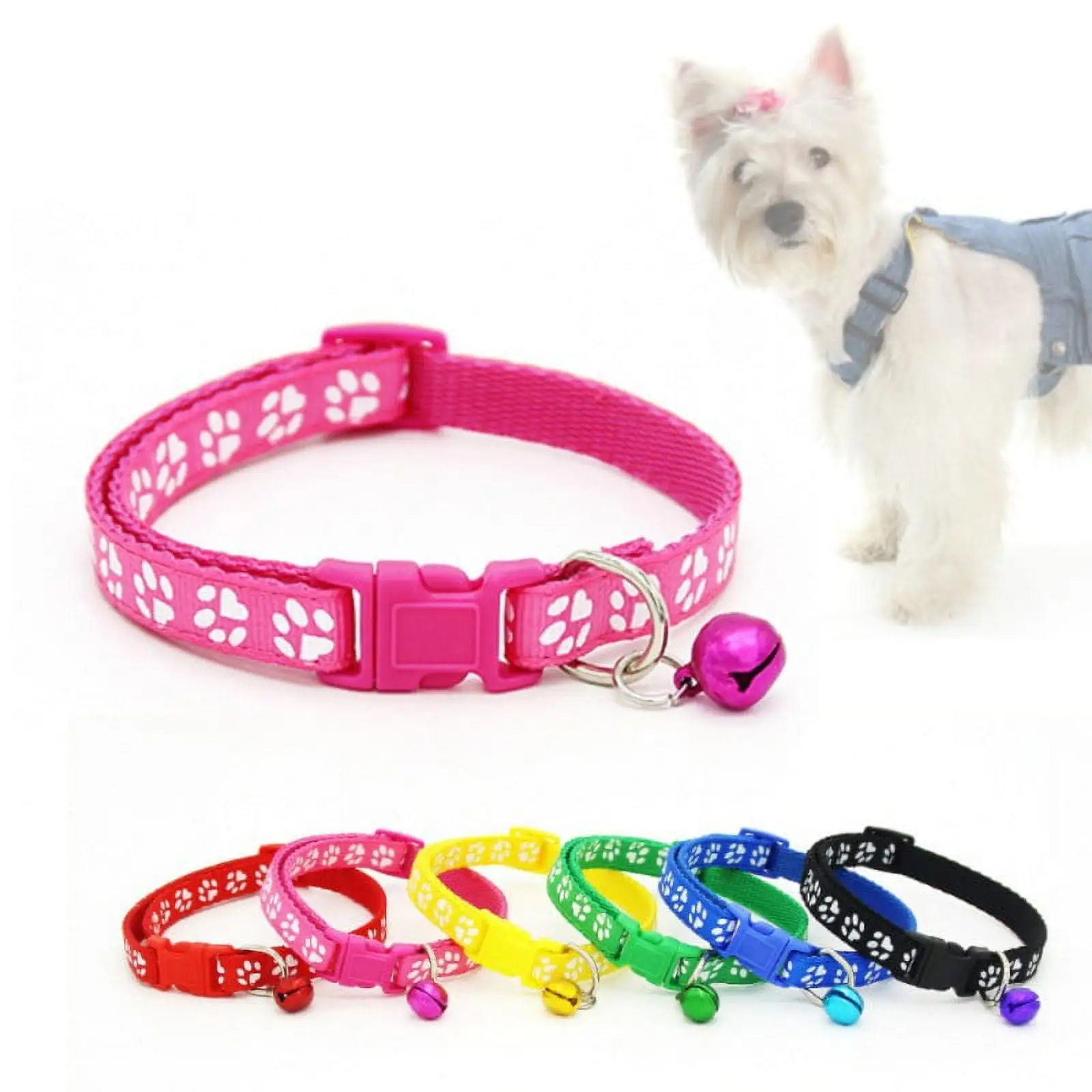 Designice SUPERHOMUSE Pet Dog Cat Collar Puppy Kitten Adjustable Nylon Fabric Footprint Pattern Harness Neck Strap with Bell