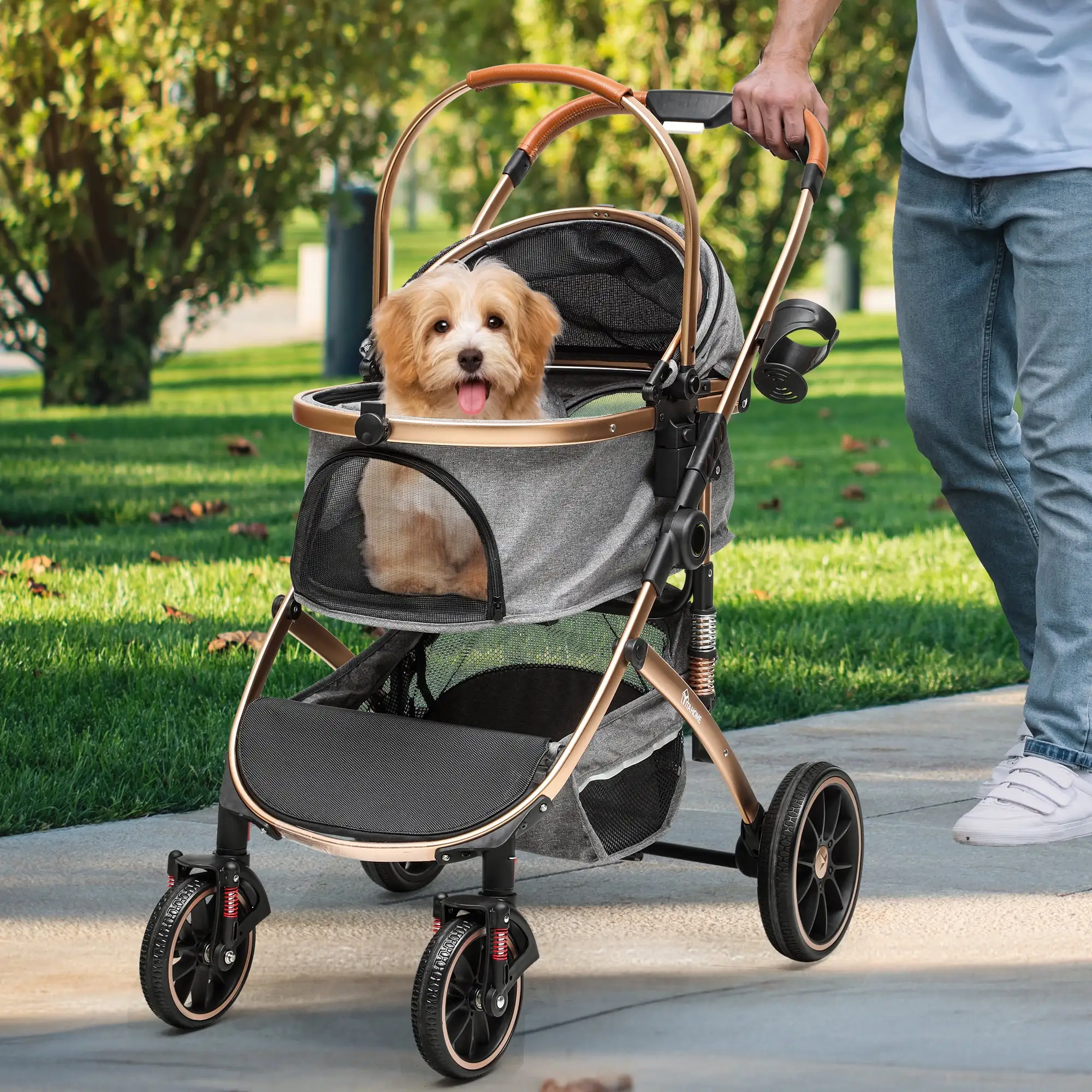 Dextrus 3-in-1 Dog Stroller with Detachable Storage Basket. Foldable Pet Stroller with 360? Rotation Wheel. for Small Medium Dogs & Cats.Grey