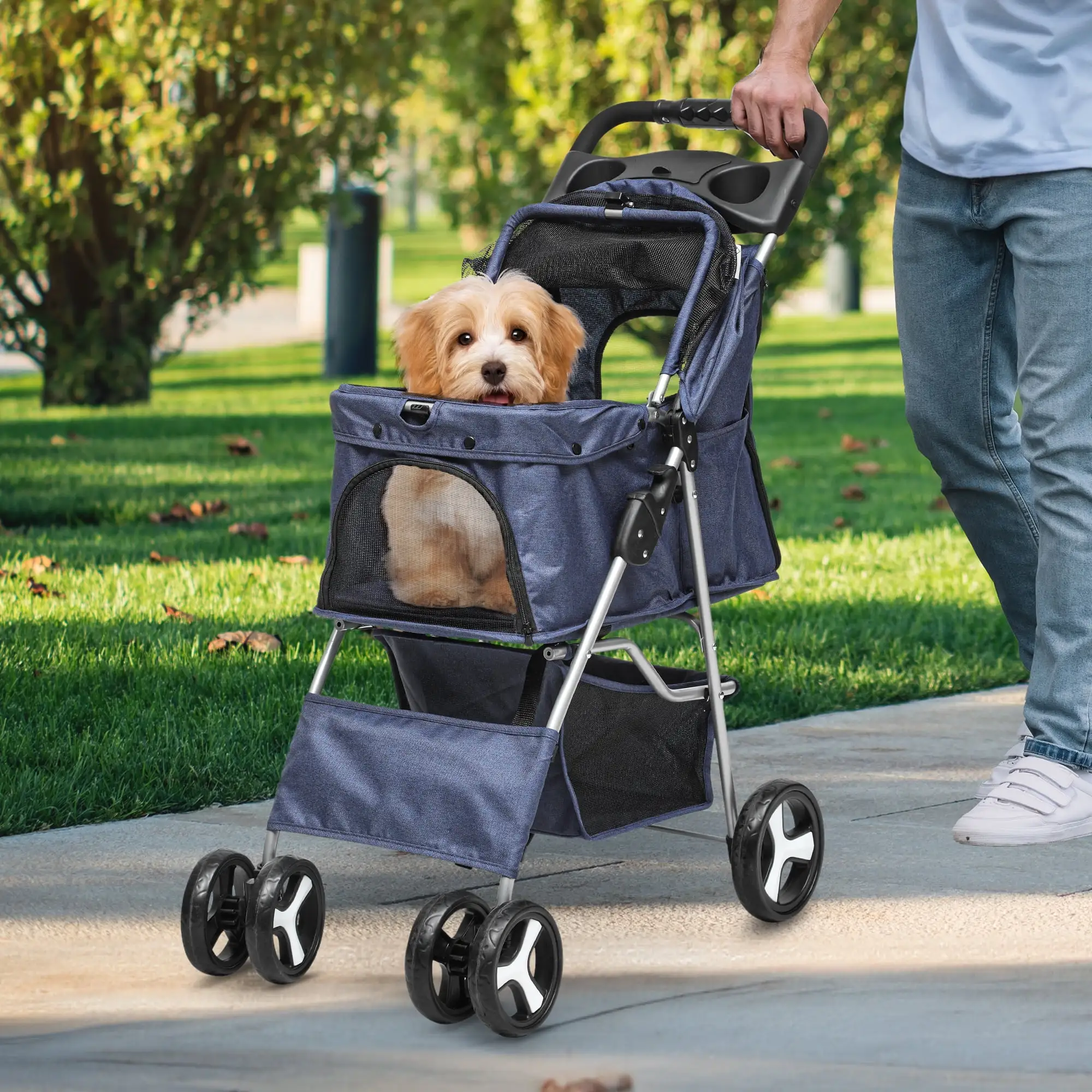 Dextrus 4 Wheel Foldable Dog Stroller with Storage Basket. Pet Stroller with 360? Rotation Wheel. for Small Medium Dogs & Cats.Navy Blue