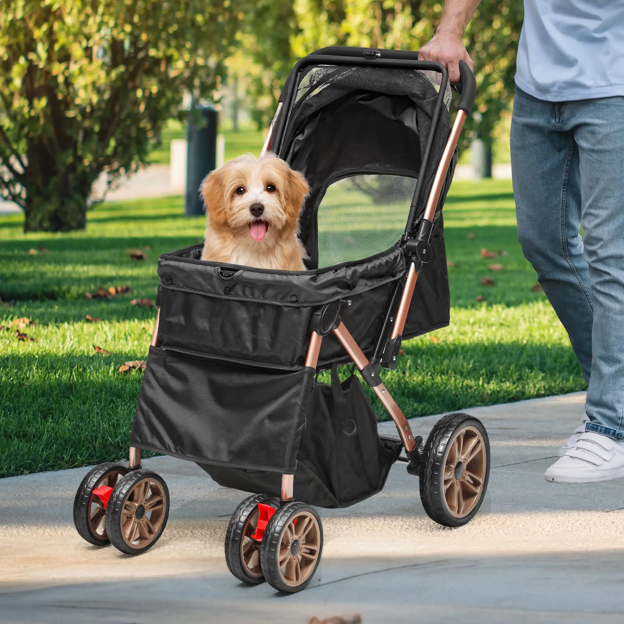 Dextrus 4 Wheel Foldable Dog Stroller with Storage Basket. Upgraded Version Pet Stroller with 360??? Rotation Wheel. for Small Medium Dogs & Cats.Black