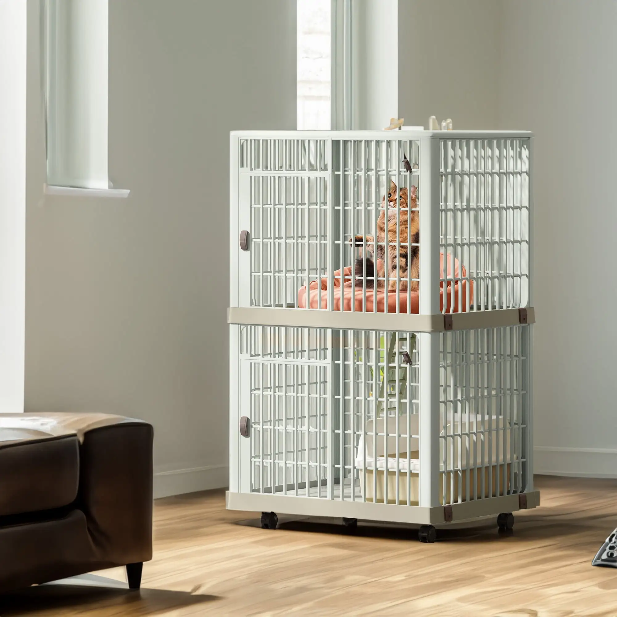 Dextrus 41 2-Tier Cat Cage with Multiple Doors. Locks and Bottom. Small Animal Cages with Premium Resin Material and Easy Mobility.Three-Door Design Plastic Cage with Wheels