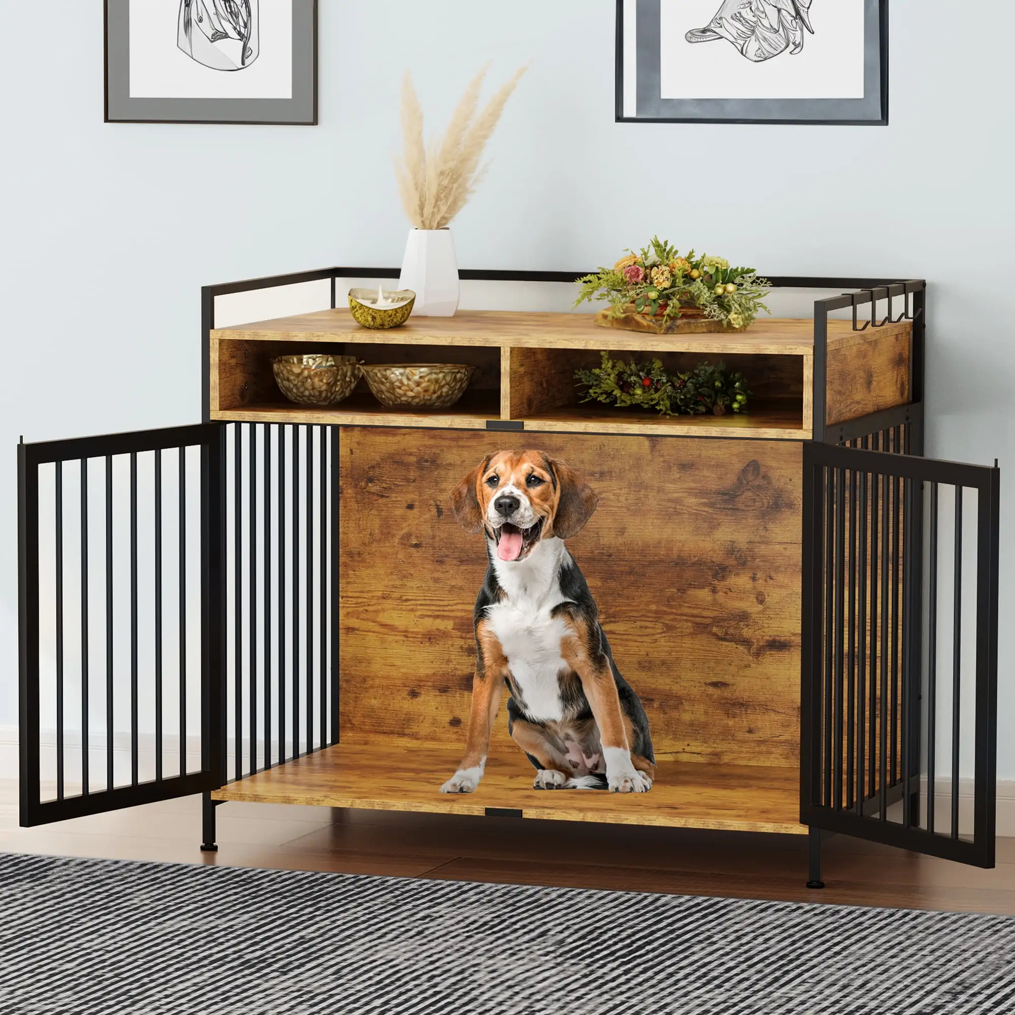 Dextrus 41 Wooden Kennel with Dual Drawers and Double Doors. XL Dog Crate Furniture Indoor Pet Crate End Table for Large. Small. and Medium Dogs - Brown