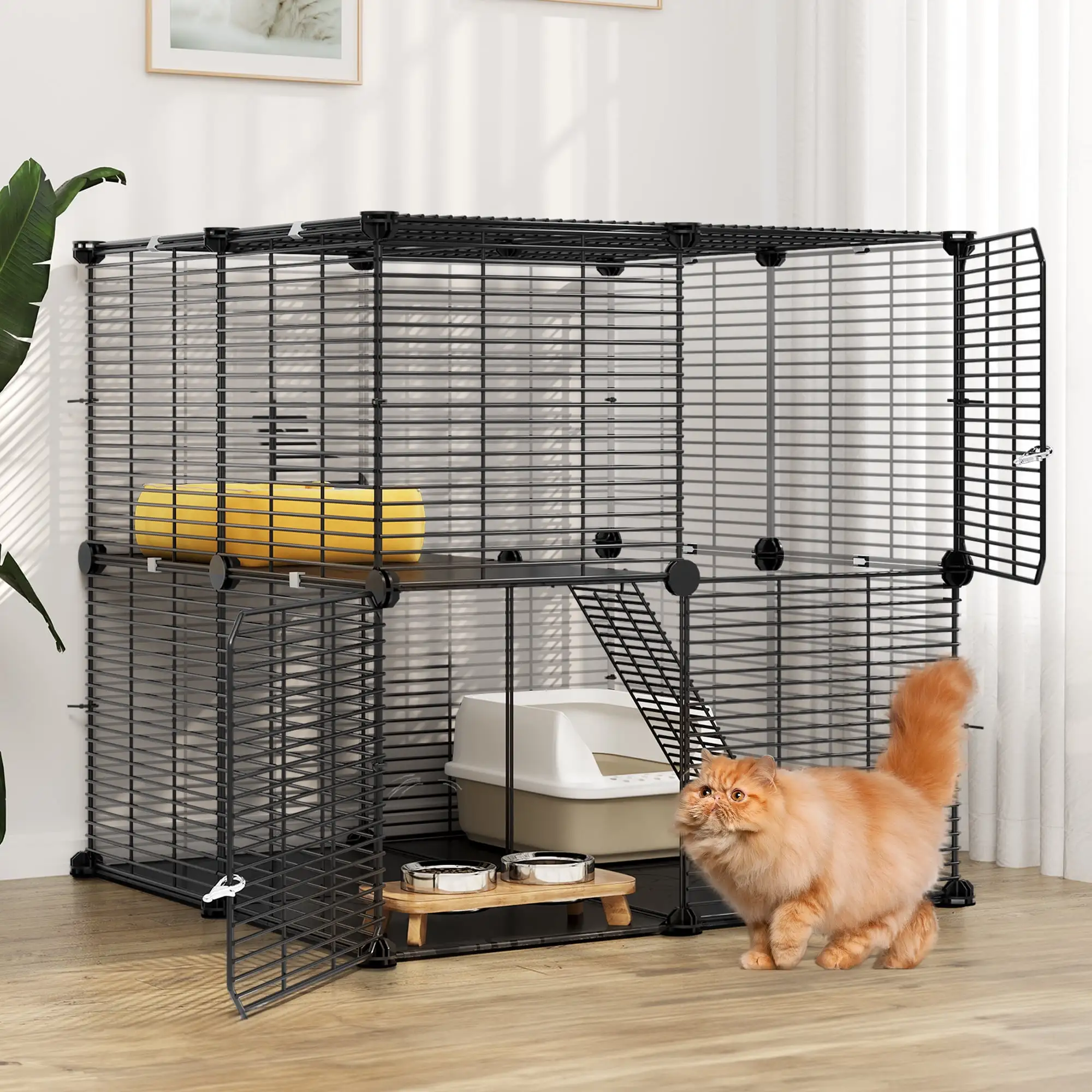 Dextrus Cat Cage 2 Tier Indoor Cat Enclosures Kitten Cage DIY Pet Playpen Metal Kennel for 1-2 Cats. Ferret. Chinchilla. Rabbit. Small Animals. Kitty. Squirrel. RV Travel. Camping-28L x 28W x 28H