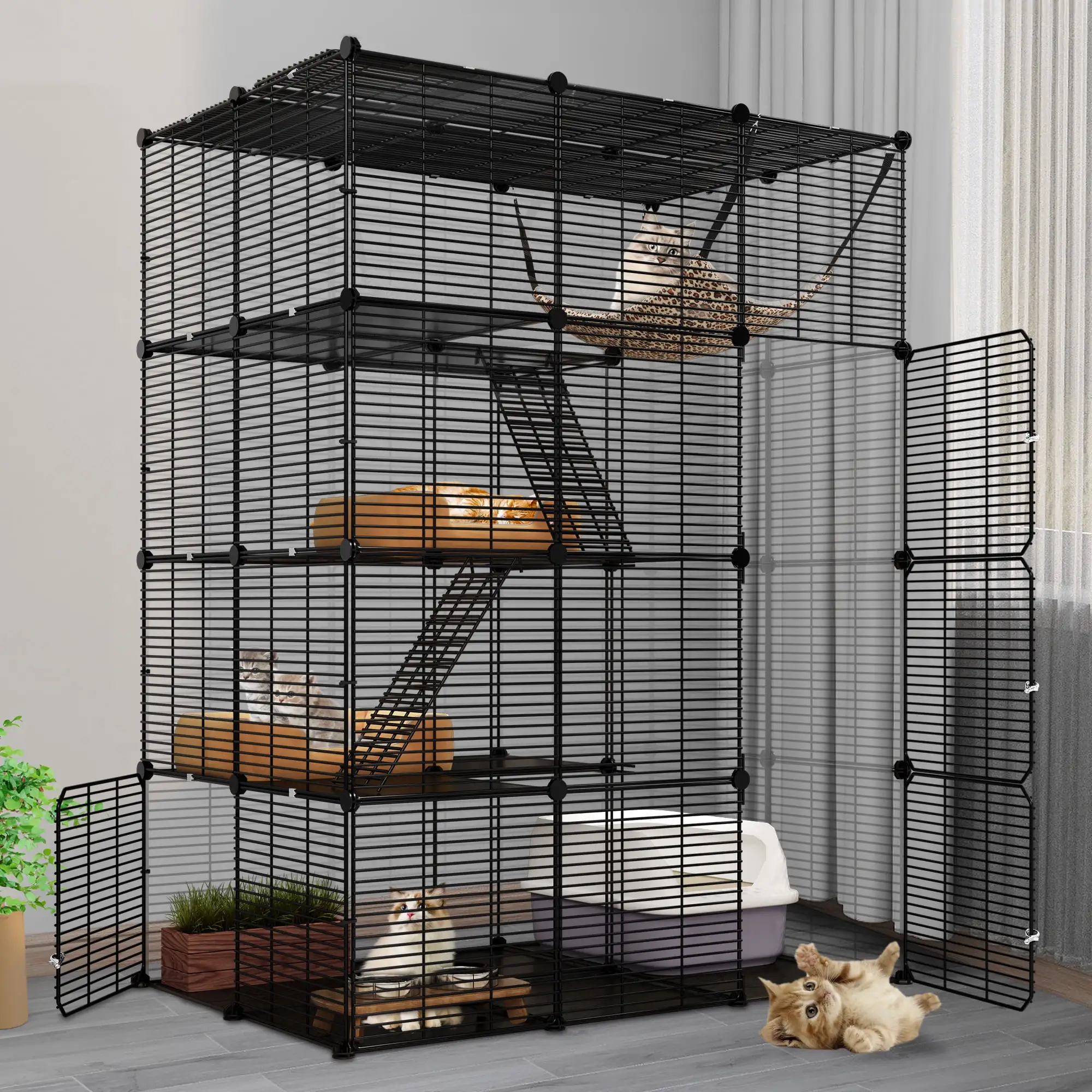 Dextrus Cat Cage Indoor Large with Hammock 4 Tier Outdoor Cat Enclosure Catio Metal Kennels for 1-3 Cats. DIY Detachable Pet Playpen. Black