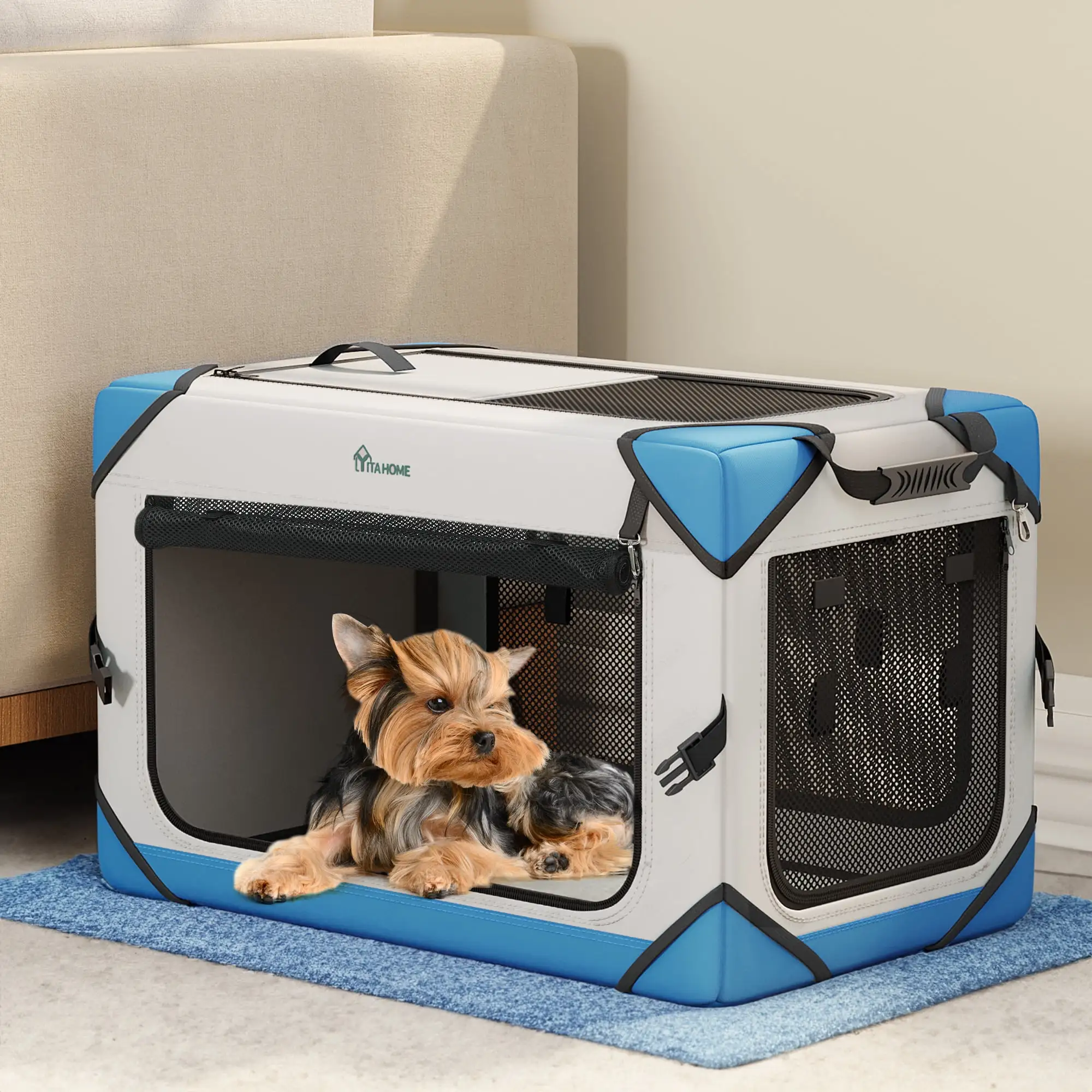 Dextrus Collapsible Dog Crate with 4 Doors. Portable Travel Dog Crates and Kennels with Mesh Windows for Indoor Outdoor Travel. Ideal for Medium Small Dogs(20 L x 13 W x 15 H)