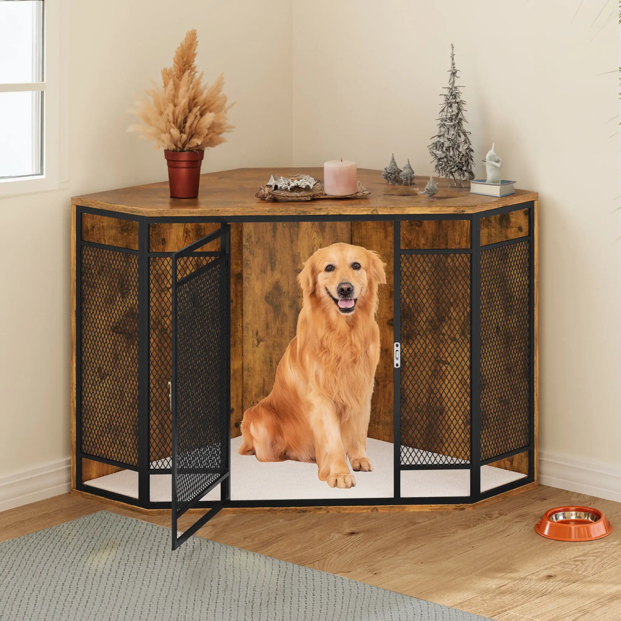 Dextrus Corner Dog Crate Furniture.Stylish 43.7-inch Wooden Dog Kennel with Sturdy Metal Mesh. Multi-functional End Table. Indoor Dog House for Dogs of All Sizes. Brown