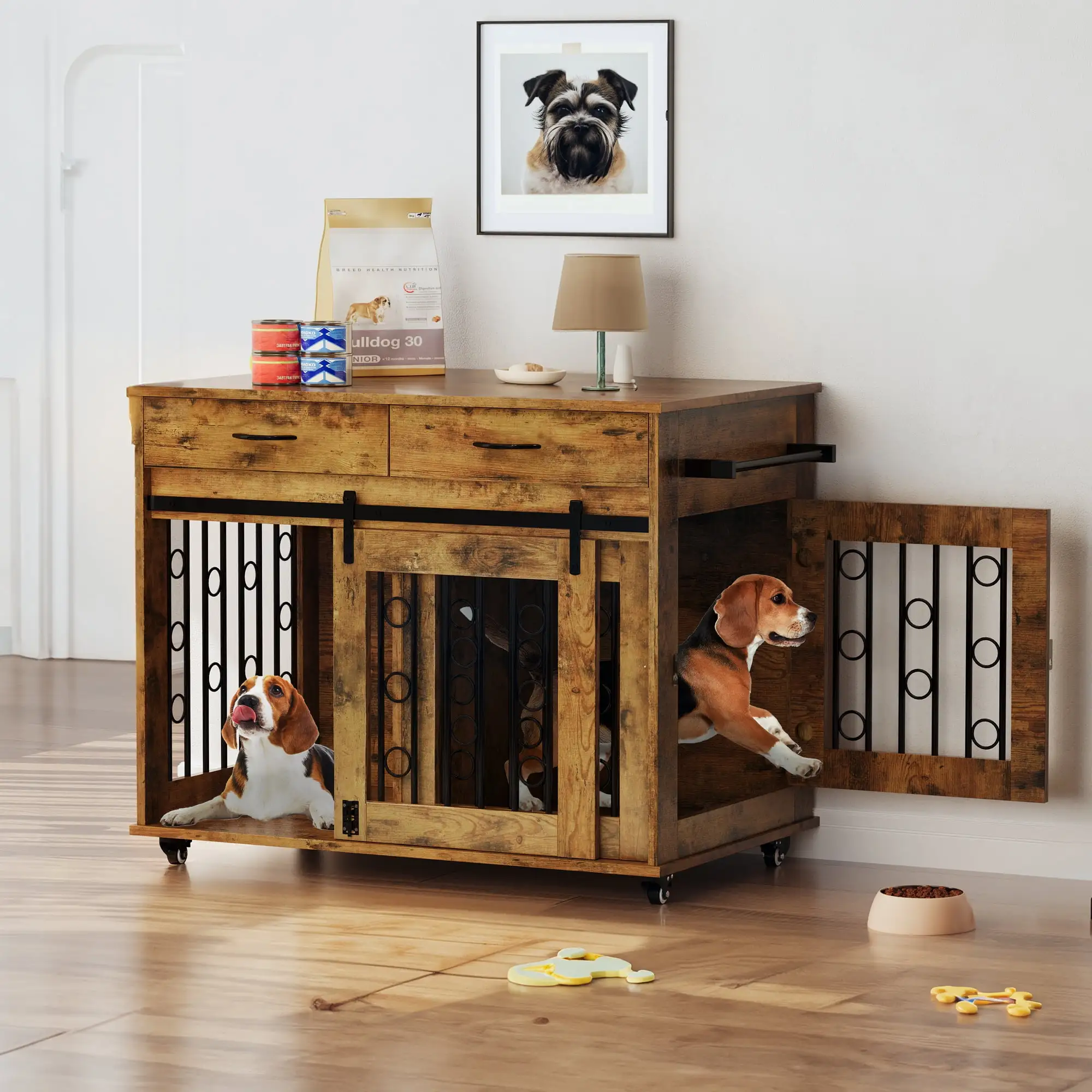 Dextrus Dog Crate Furniture. 39 inch large Wooden Indoor Dog Kennel with Divider Room and Drawers. Removable Tray End Table. Double Door Dog House for Small Medium Dog. Brown