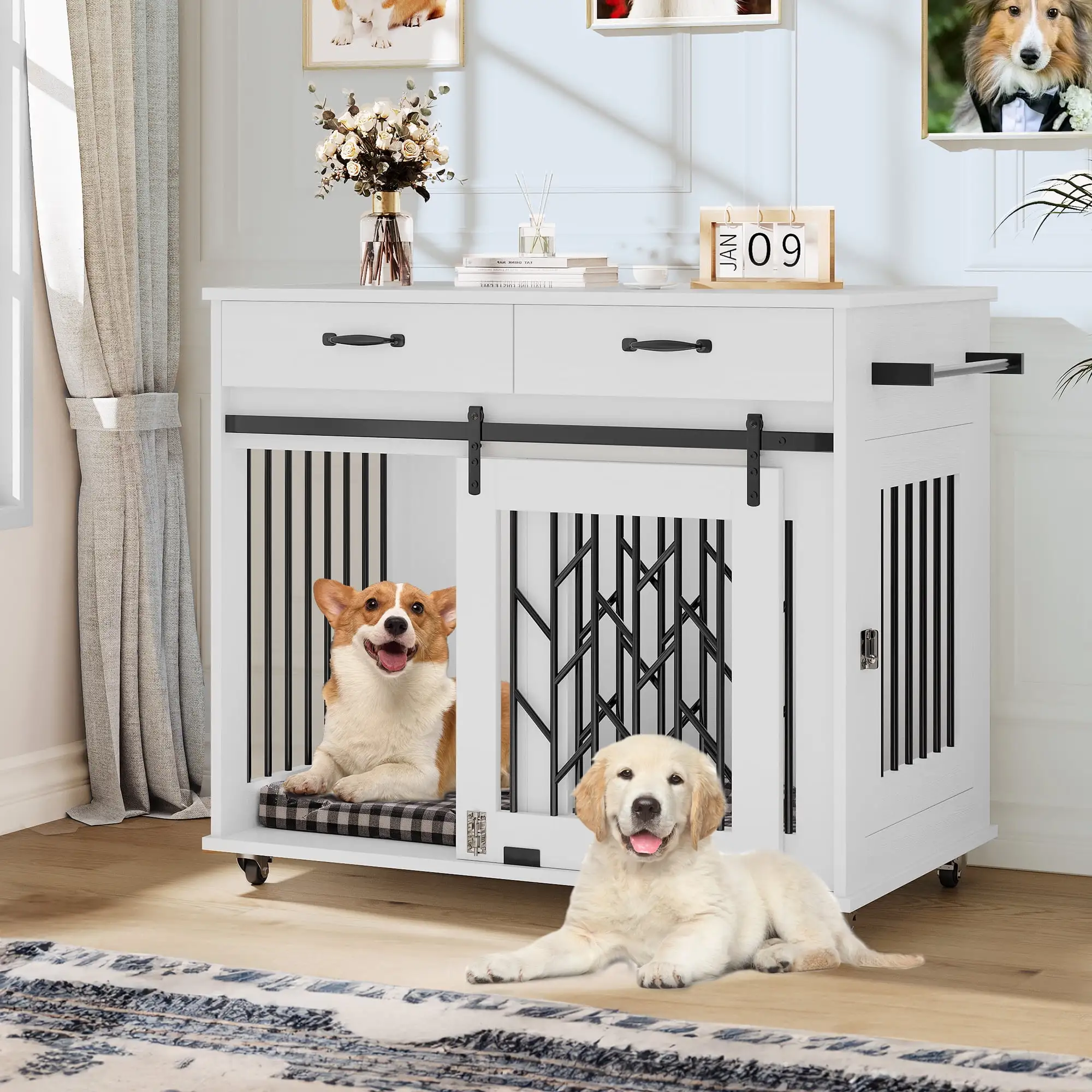 Dextrus Dog Crate Furniture. 39 inch large Wooden Indoor Dog Kennel with Divider Room and Drawers. Removable Tray End Table. Double Door Dog House for Small Medium Dog. White