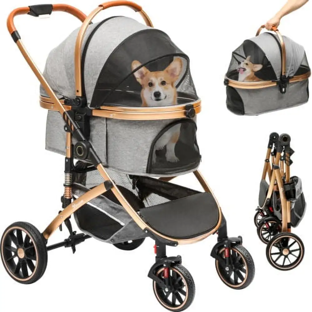 Dextrus Dog Stroller for Medium Small Dogs. 3 in 1 Foldable Pet Stroller with 360??? Rotation Wheel. Dog Pet Cat Removable Carrier with Storage Basket. Cat Kitty Puppy Stroller (Gray)