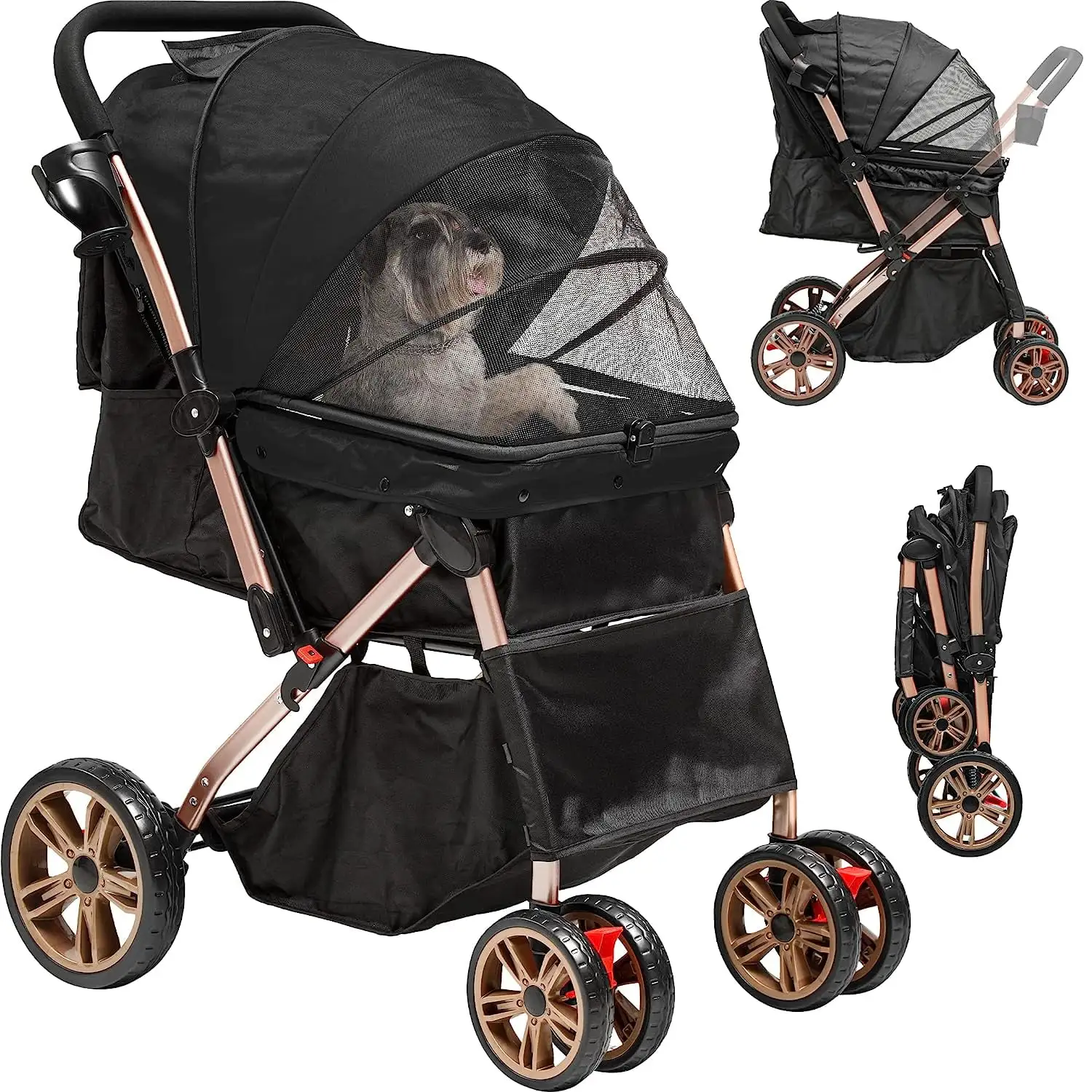 Dextrus Dog Stroller for Medium Small Dogs. Upgraded Version with Larger Room. Foldable Pet Stroller with 360??? Rotation Wheel. Cat Kitty Puppy Stroller with Storage Basket (Black)