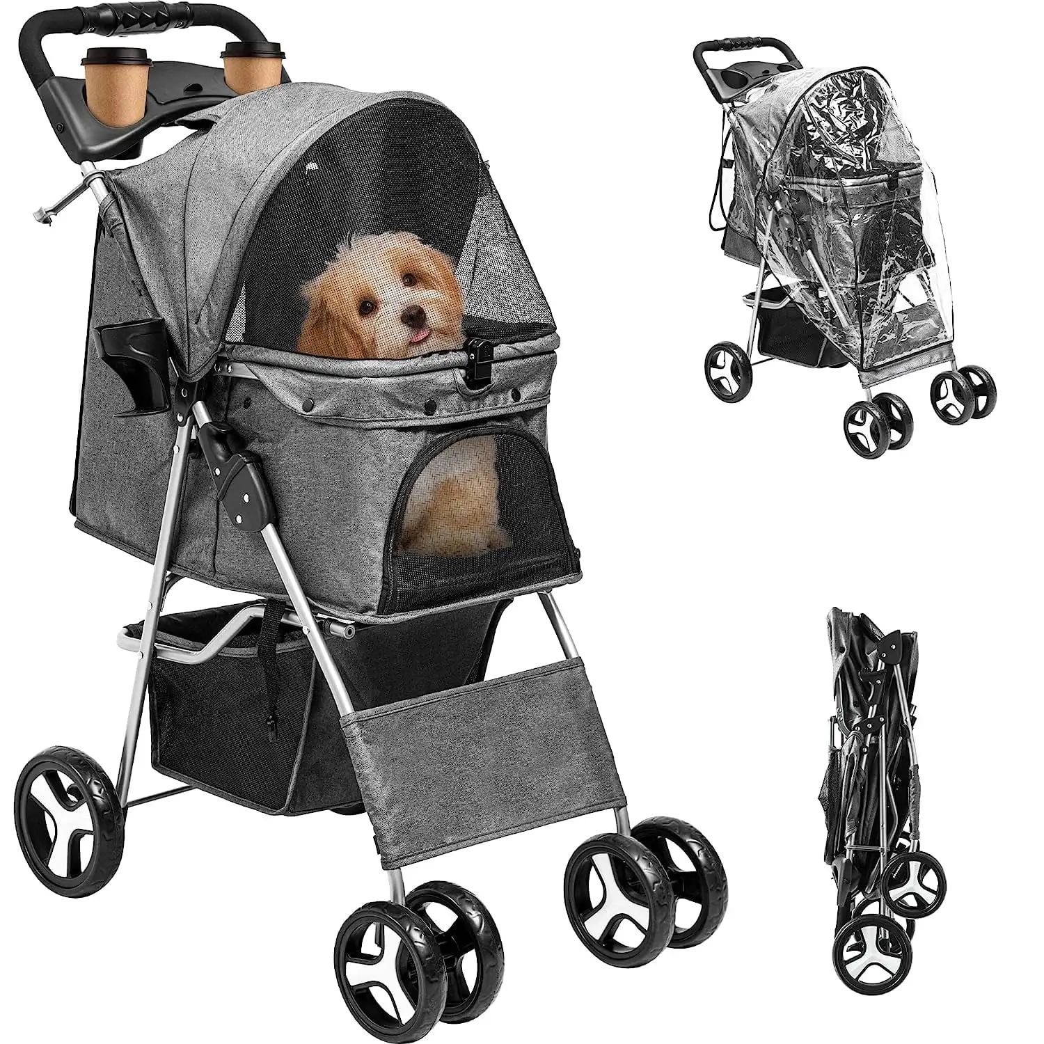 Dextrus Dog Stroller for Medium Small Dogs. Foldable Pet Stroller with 360??? Rotation Wheel. Cat Kitty Puppy Stroller with Storage Basket (Gray)