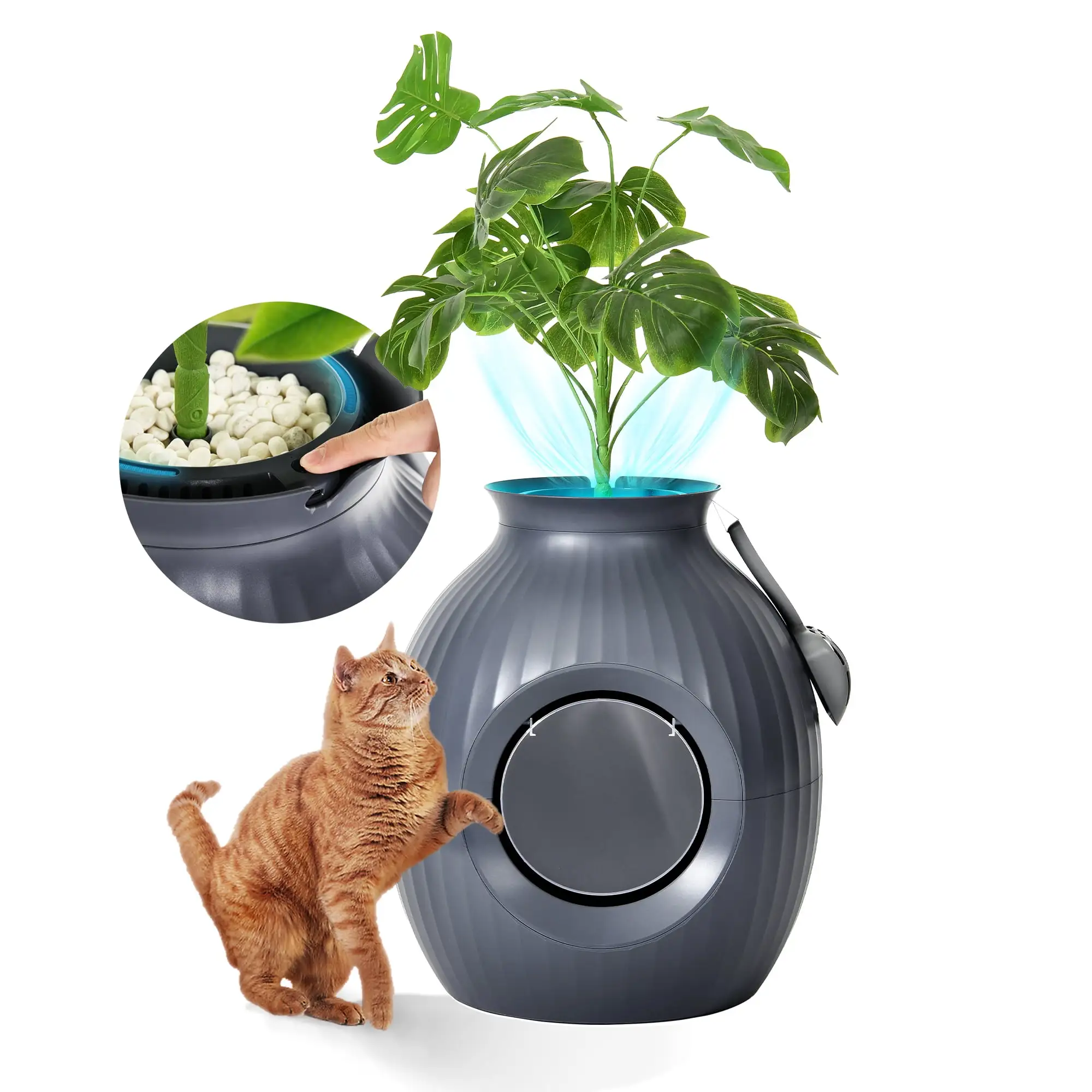 Dextrus Hidden Litter Box Enclosed Smart Plant Litter Box with Odor Control & Sterilization System with Light. Large Cat Litter Box Furniture with Scoop.Stones. Artificial Plants (Green Ficus)