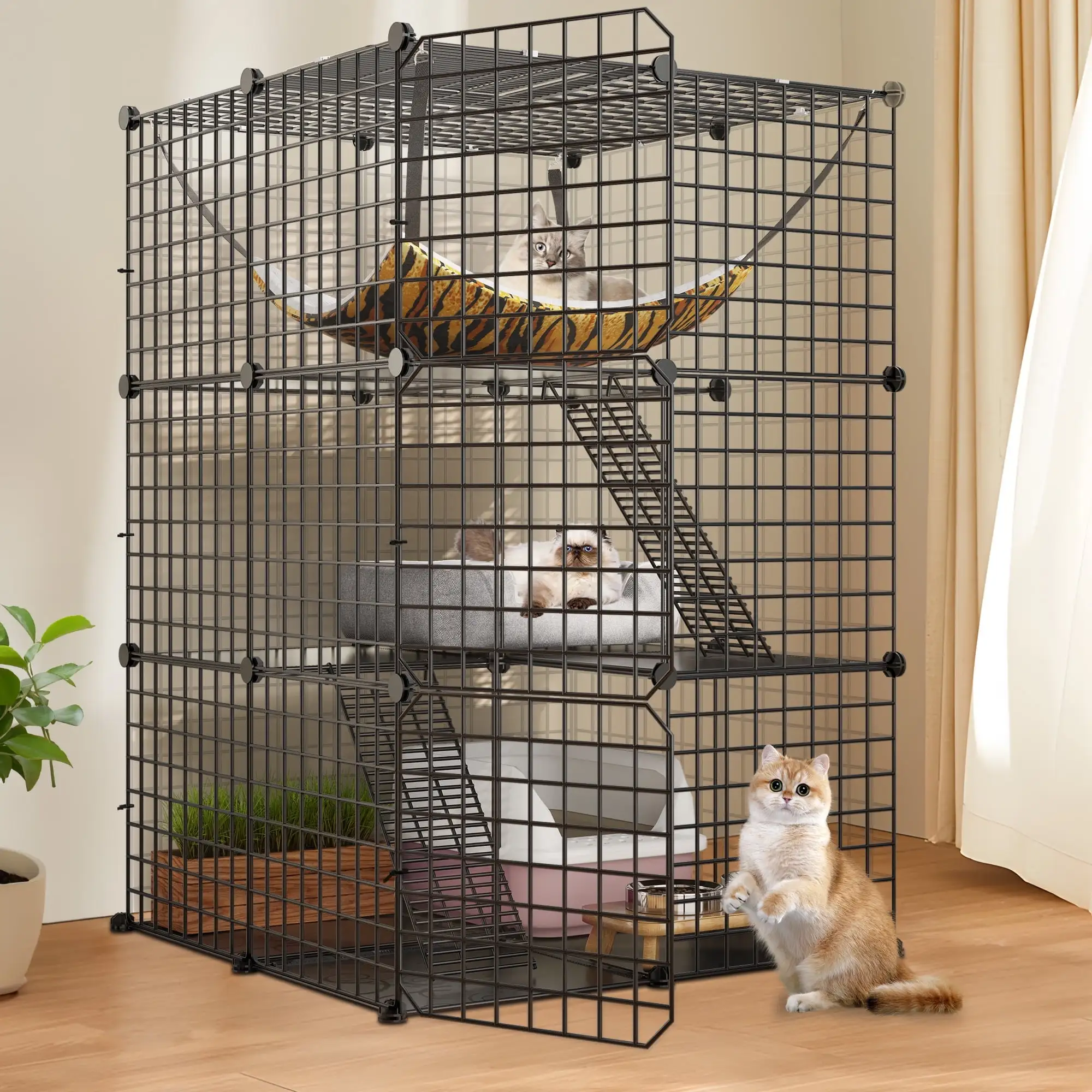 Dextrus Indoor Cat Cage - DIY Cat Enclosures Metal Playpen with 3 Tiers. Extra Large Hammock. and Sturdy Design.28L x 28W x 41H