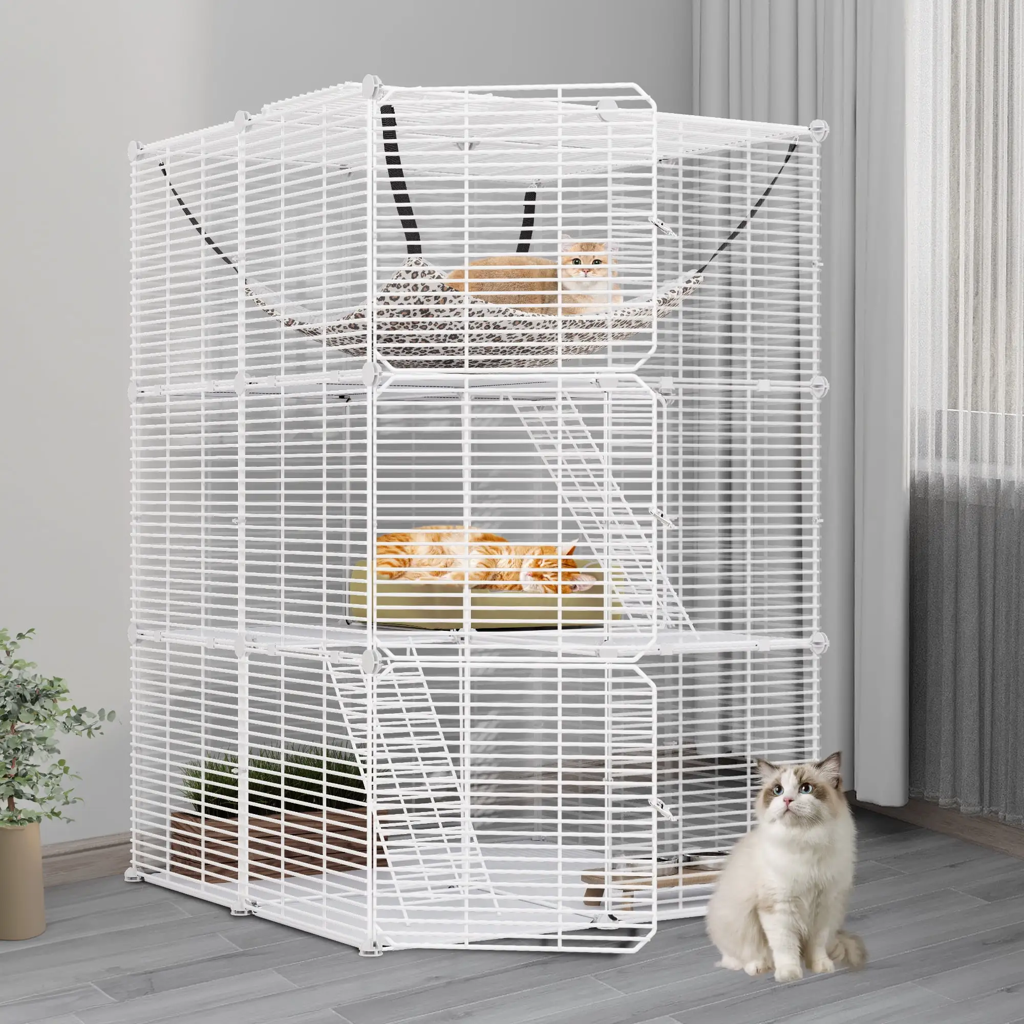 Dextrus Indoor Cat Cage with Extra Large Hammock for 1-2 Cats - DIY Cat Enclosure for Multiple Small Animals Cats. Ferret. Chinchilla. Rabbit.(28L x 28W x 41H.White)