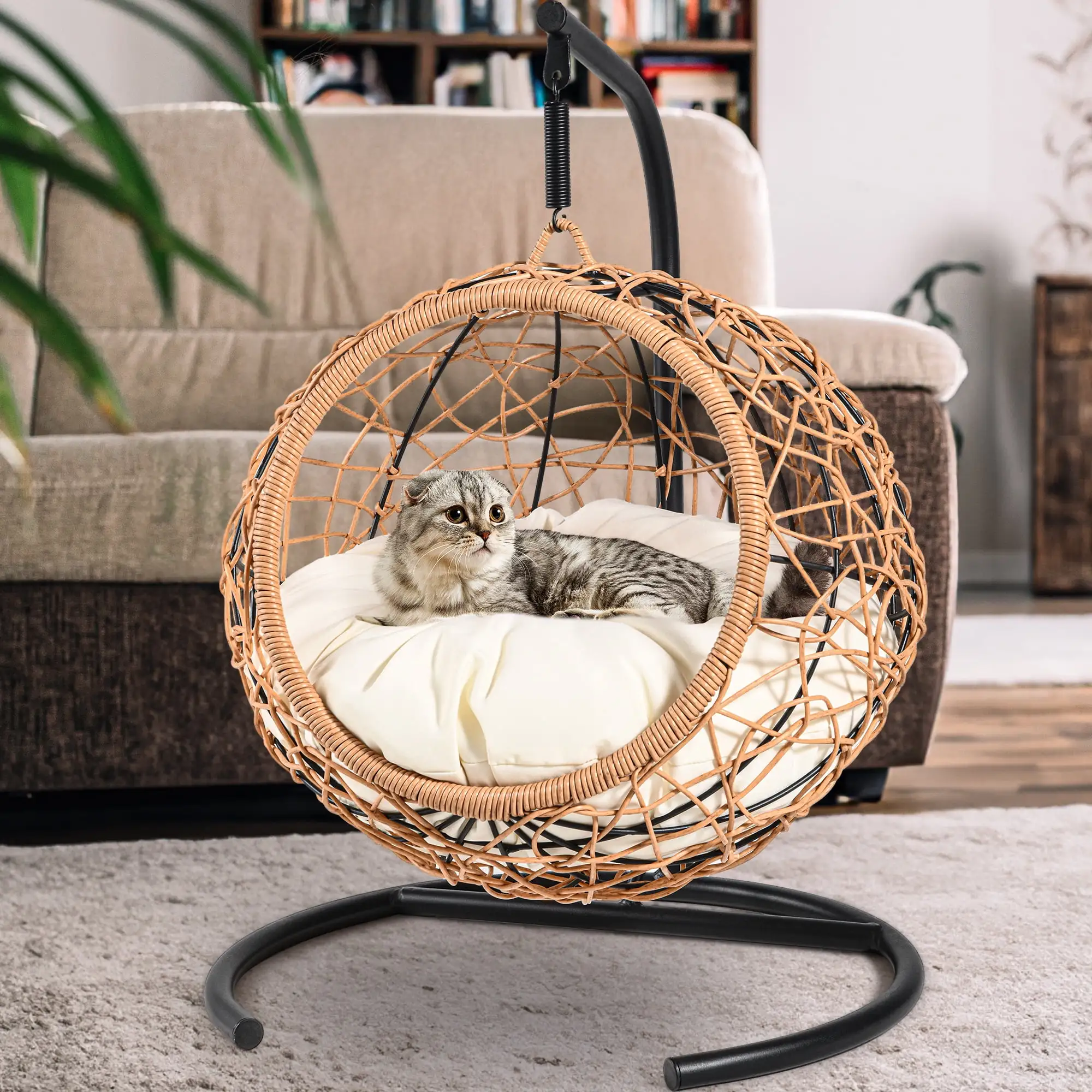 Dextrus Indoor Hanging Cat Swing Bed with Stand & Cushion. Stylish Rattan Wicker Design. Perfect for Cats. Small Dogs. and Small Animals - Orange