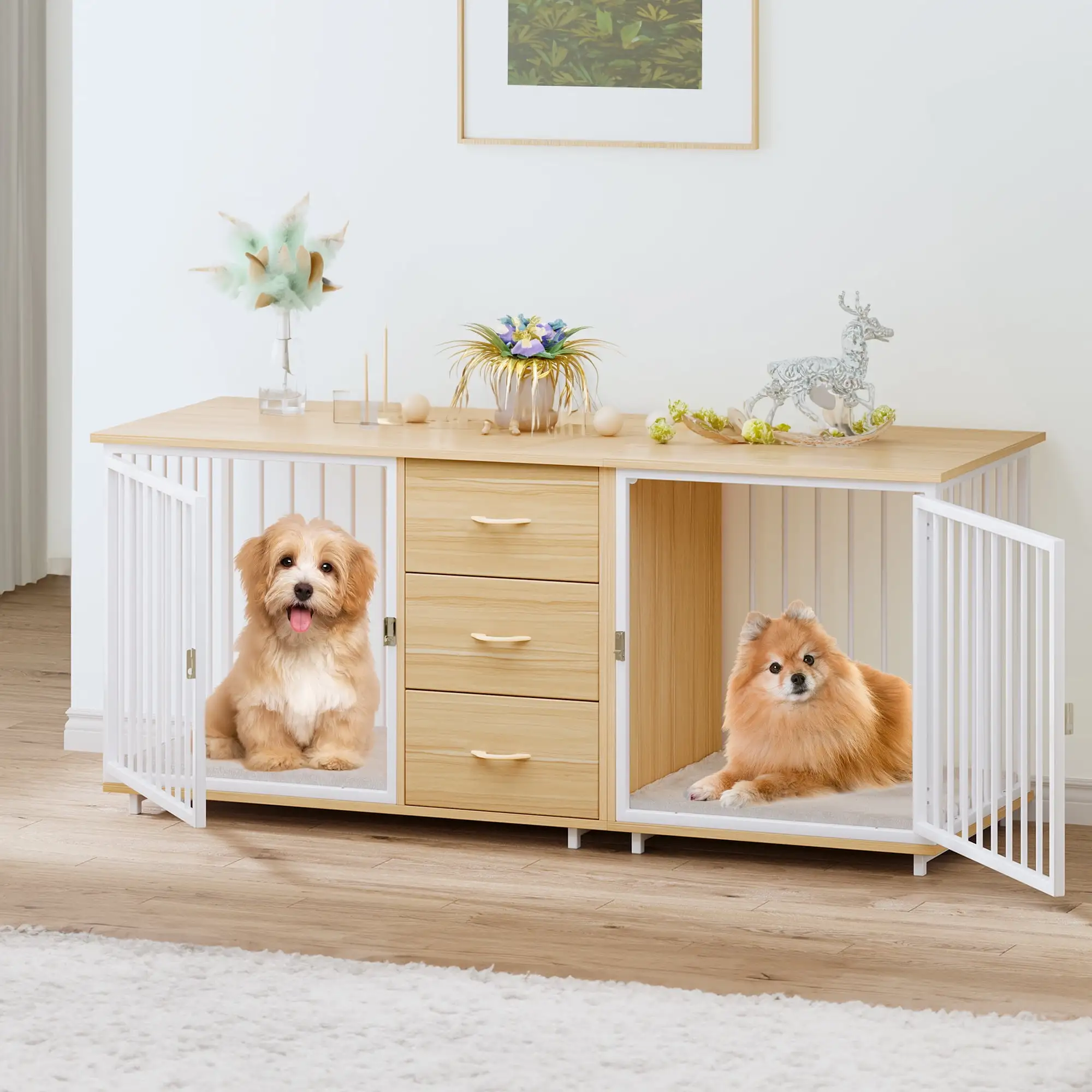 Dextrus Large Dog Crate Furniture 74 inch. Indoor Wooden Dog Kennel with Dog Feeders Bowls. 2-in-1 TV Stand. Endtable for 2 Large Medium Dogs. Walnut White