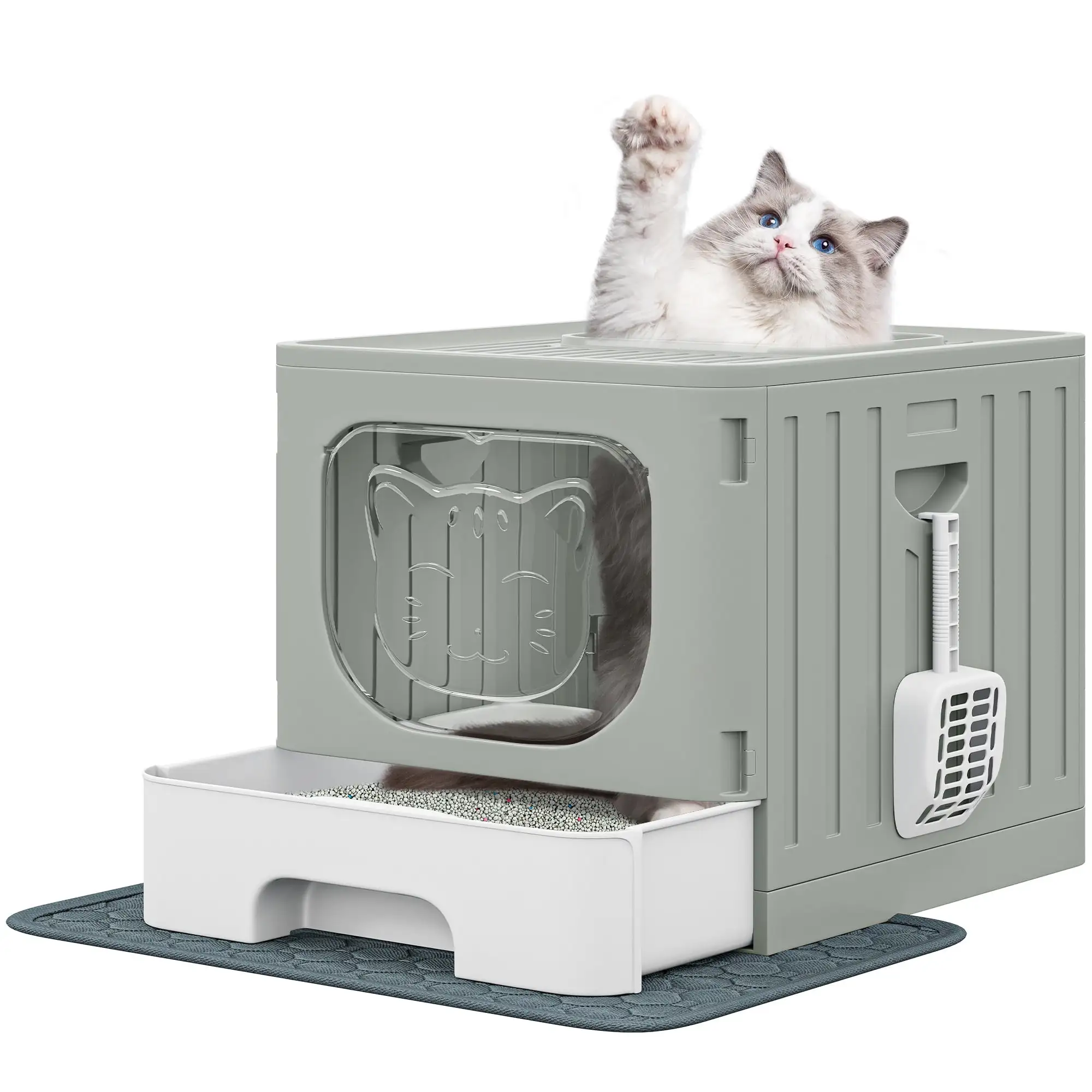 Dextrus Large Enclosed Cat Litter Box with Cushion & Litter Scoop.Front Entry Top Exit Door.Cat Self-Grooming Deodorizer Filter. and Easy Cleaning Tray ( Gray)