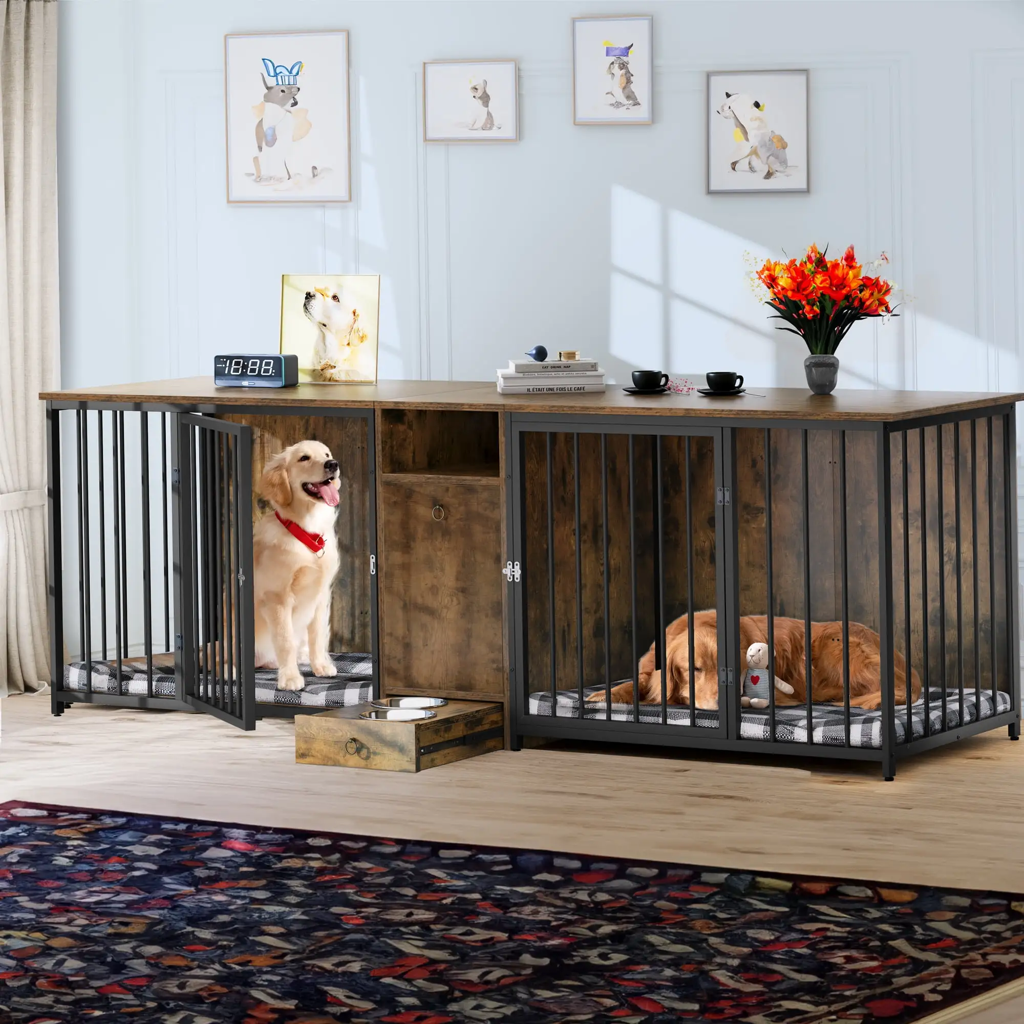 Dextrus Luxurious Double Dog Crate Furniture. Double Dog Crate Furniture 94.5 inch A Spacious Haven for Your Beloved Pets. Brown