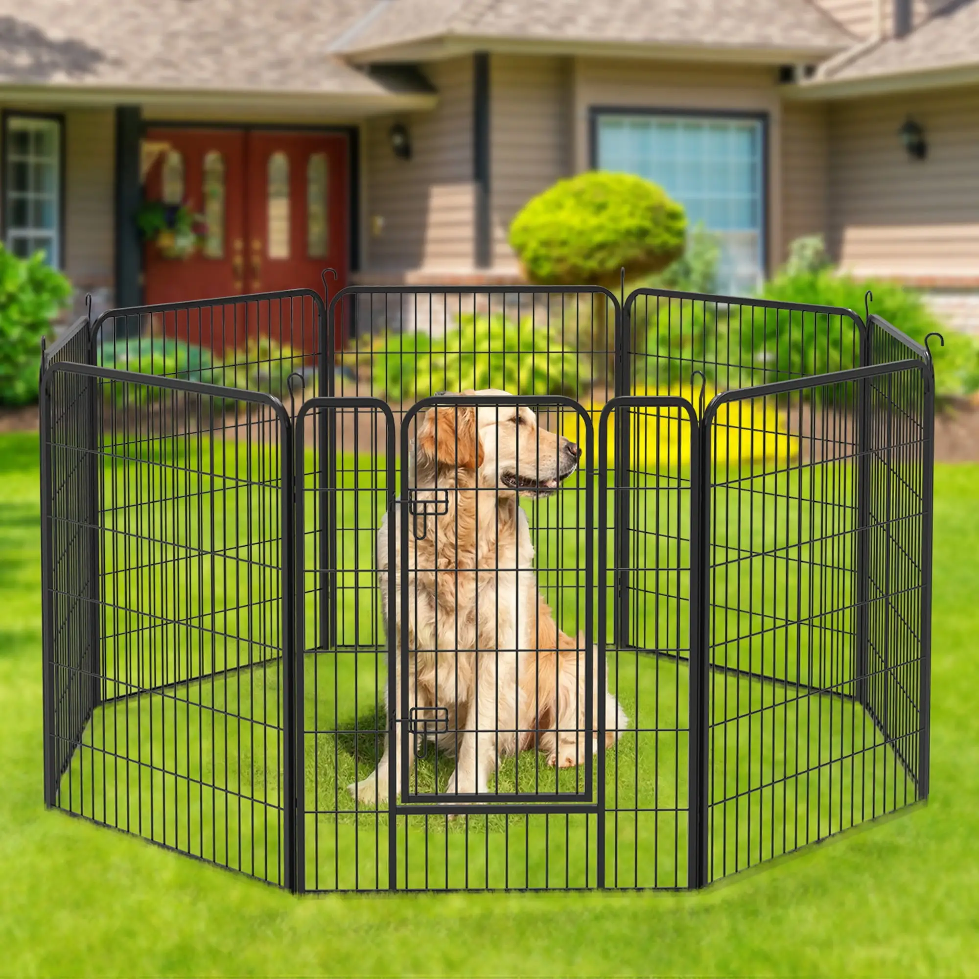 Dextrus Metal Panel Decorative 8 Pcs Garden Fence 40 inch Tall Multi-Purpose Indoor and Outdoor Animal Barrier Pet Dog Fence with Door for Yard Patio. Black