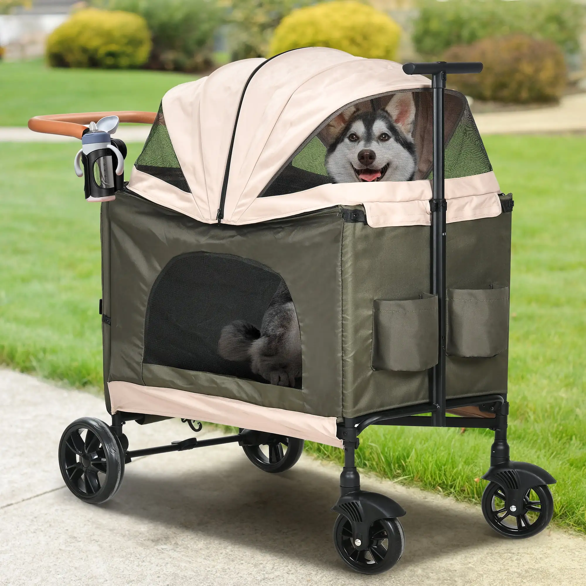 Dextrus Pet Cat Dog Stroller.Foldable Cart with 4 Wheels. Cup Holder. Adjustable Handle. Zipper Entry. Mesh Skylight Pet Stroller for Small to Large Dogs and Other Pet Travel - Black & Pink