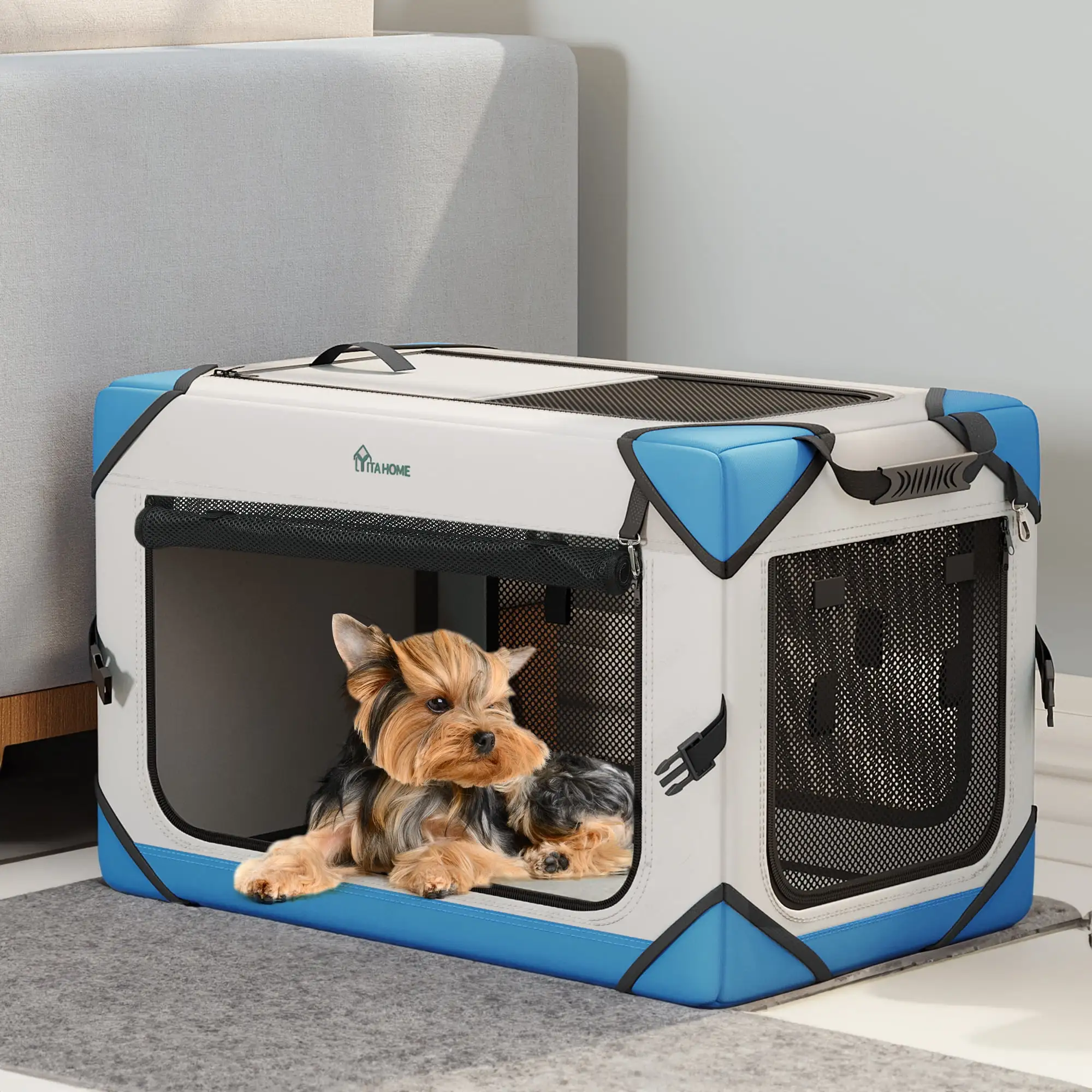 Dextrus Portable Dog Travel Crate. Large Collapsible Pet Carrier with 4 Doors and Sturdy Mesh Windows. Soft Dog Kennel for Indoor and Outdoor Use(20 L x 13 W x 15 H)