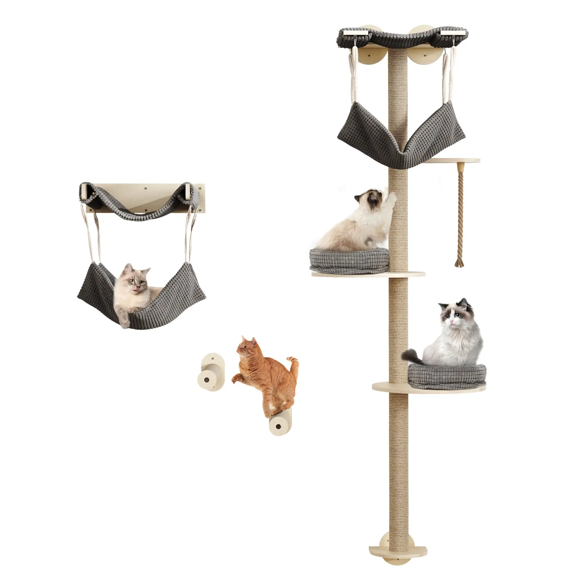 Dextrus Tall Cat Tree Wall Mounted with Hammock. Cat Wall Shelves Furniture 4 Tiers Floating Climb for Indoor Cats. Wooden Cat Tower with Tall Scratching Posts Mat Removable Cushion. 78 inch