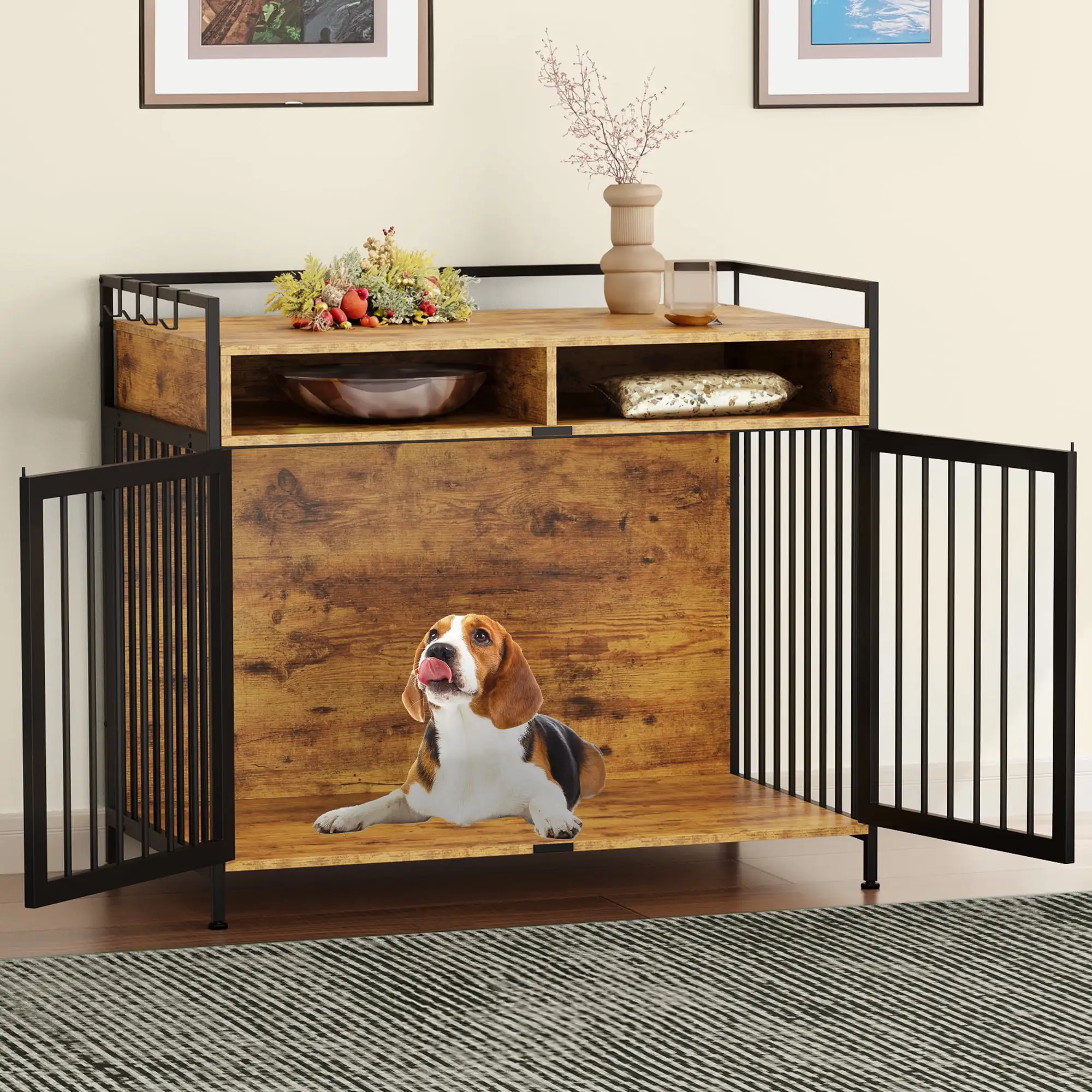 Dextrus XL Dog Crate Furniture. 41 Heavy Duty Dog Kennel with 2 Drawers End Table. Wooden Dog Cage Indoor Dog House Pet Crate Table with Double Doors for Large Small Medium Dogs.Brown