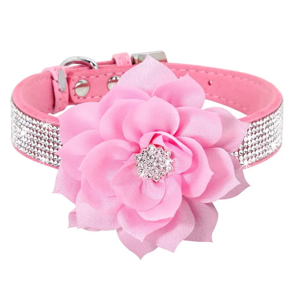 Didog Big Flower Studded Rhinestone Diamante Crystal Suede Leather Dog Collar for Girls Bling Puppy Necklace