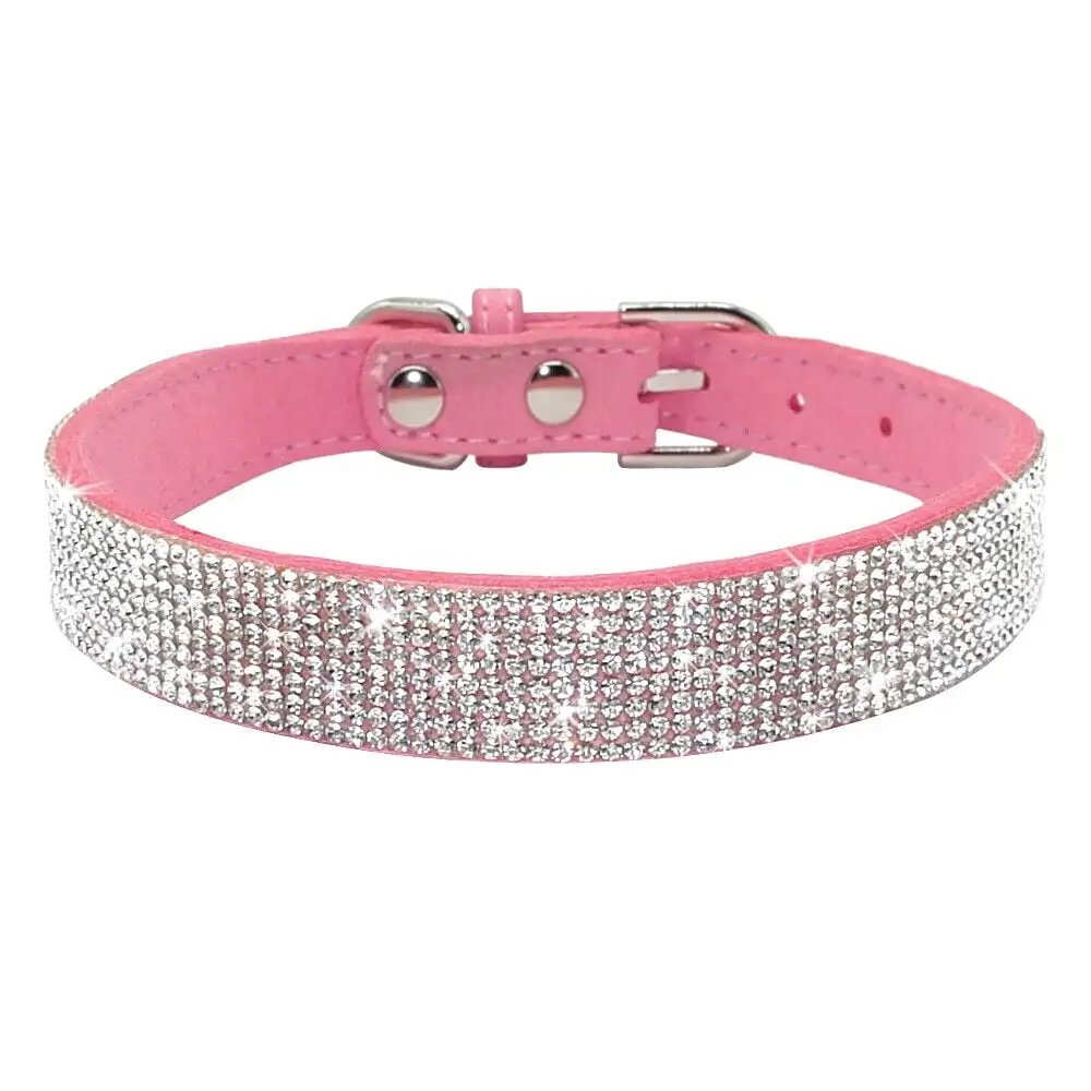 Didog Bling Rhinestones Crystal Diamante Dog Collars Soft Suede Leather Fancy Small Dog Collar Pet Cat Necklace Adjustable