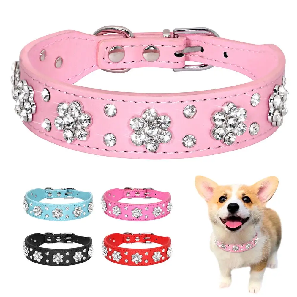 Didog - Cute PU Leather Dog Collar - Rhinestone Flower Pattern Studded - 1 Inch Width Fit Small and Medium Dogs(Pink.S)