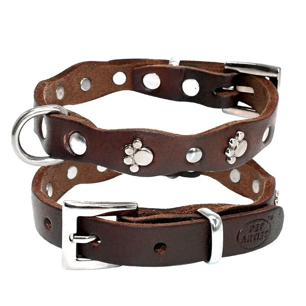 Didog Cute Paw Studded Genuine Leather Dog Collars.Fit for Small Puppy Pet Cat Dog Chihuahua XXS XS S M