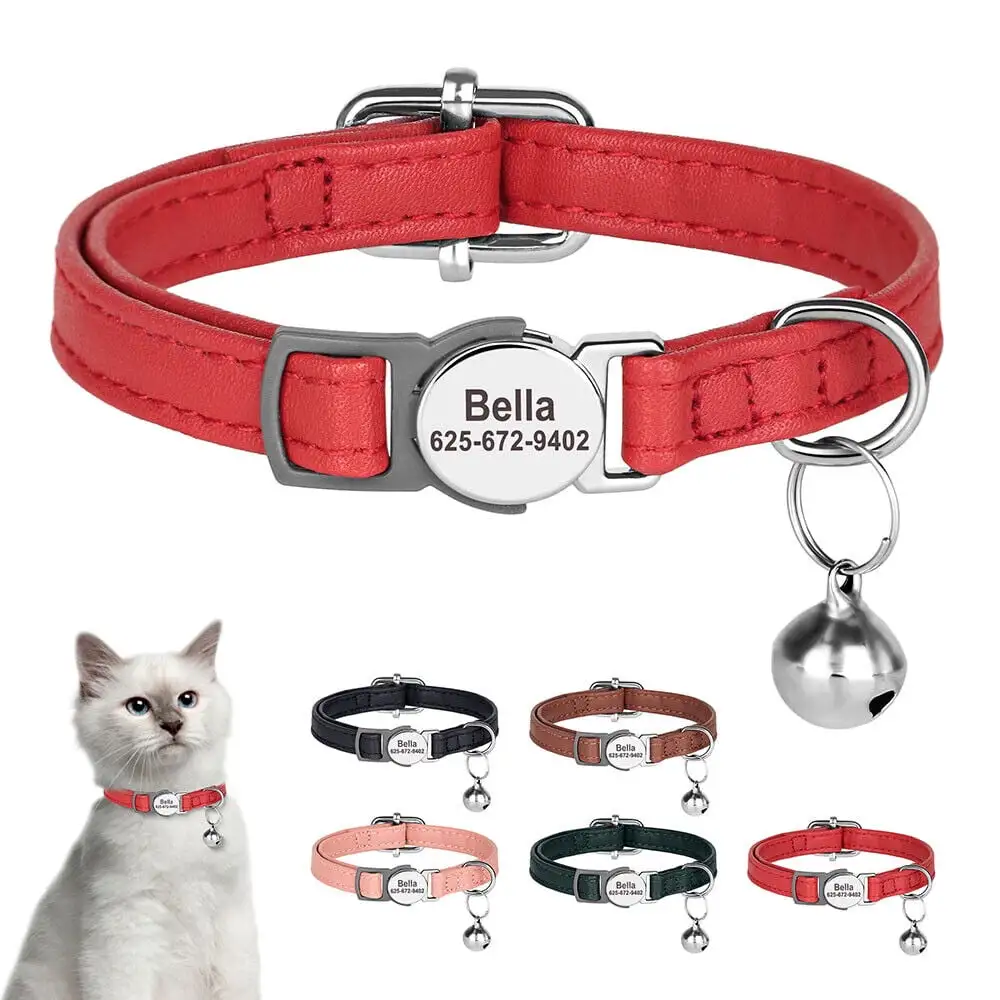 Didog Personalized Adjustable Leather Cat Collar Custom Kitten Puppy ID Name with Bell