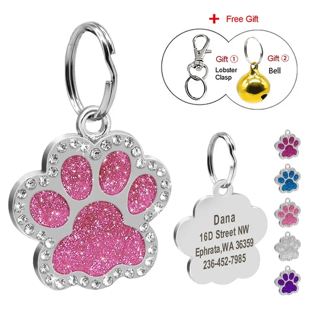 Didog Personalized Dog Cat Puppy Kitten Tags Engraved Puppy Pet ID Name Collar Tag Bling Paw Glitter free Lobster Clasp +free Bell