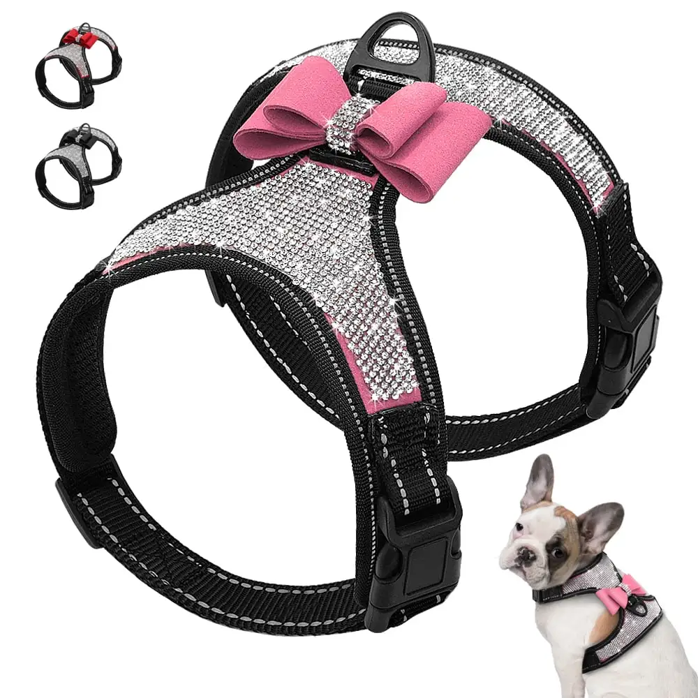 Didog Rhinestone Dog Harness - Reflective Bling Nylon Dog Vest with Sparkly Bow Tie for Small Medium Large Dogs Walking.Wedding and Party