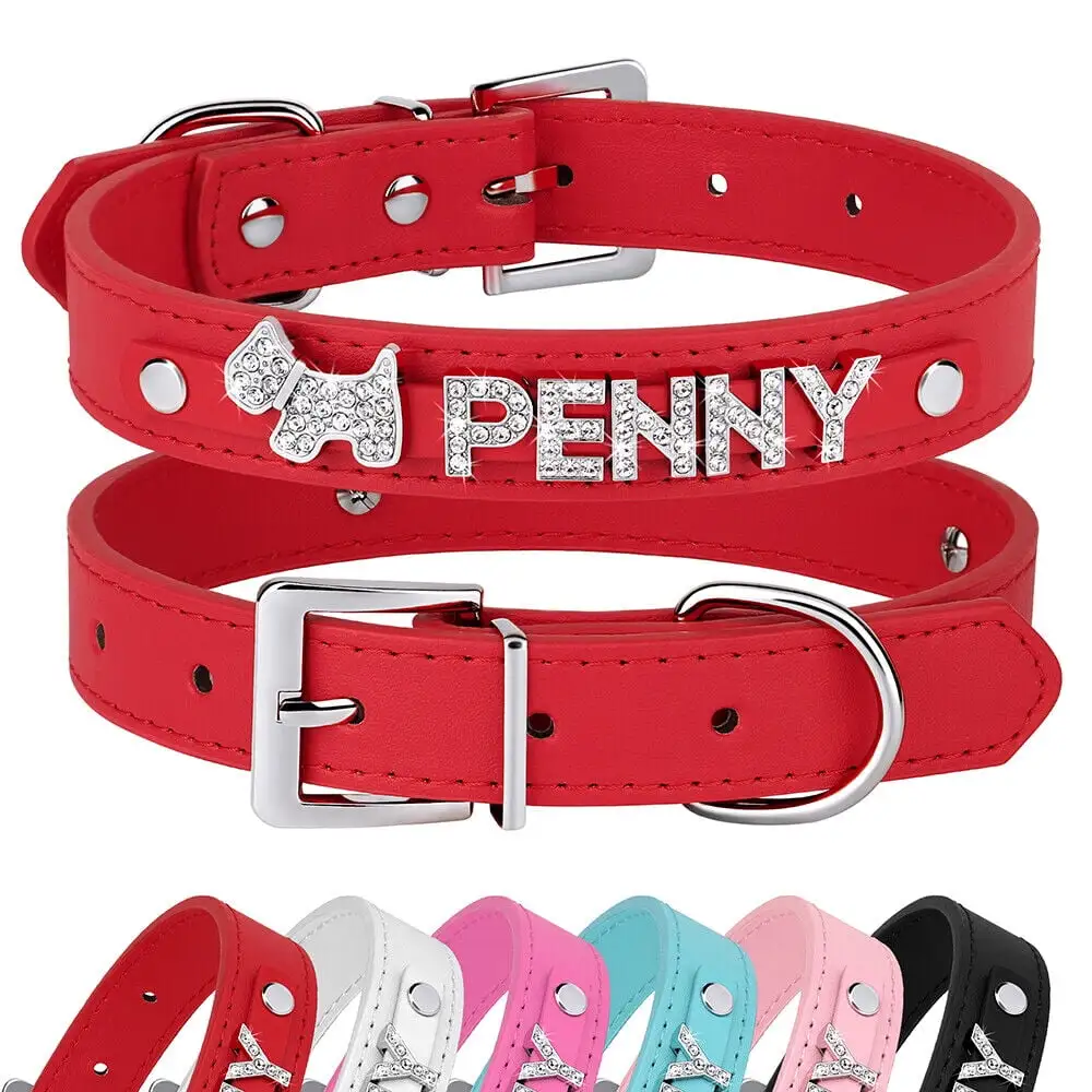 Didog Smooth PU Leather Custom Dog Collars with Rhinestone Personalized Name Letters. Fit Small Medium Dogs